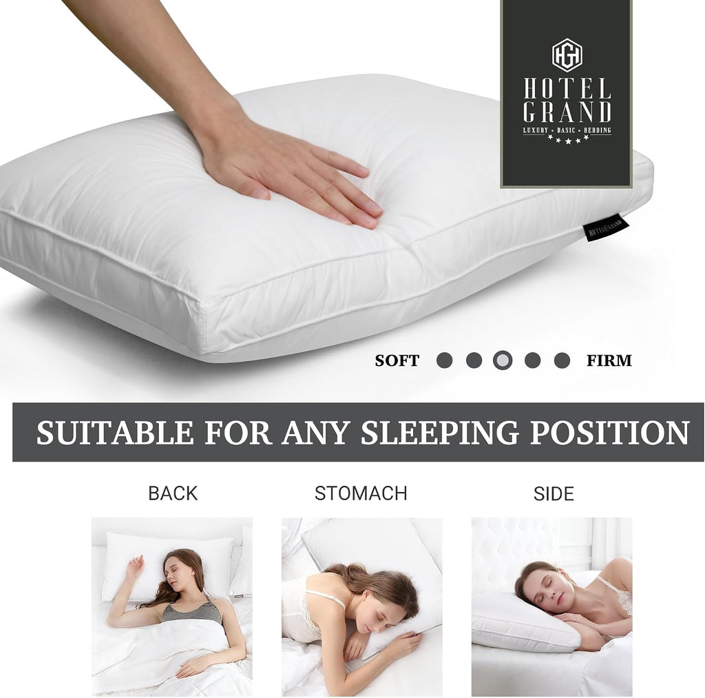 HotelGrand Hotel Grand Luxury Goose Feather & Down Fiber Pillows Queen Size Set of 2, Firm Support Gusseted Design, 100% Cotton Cover, No-F…