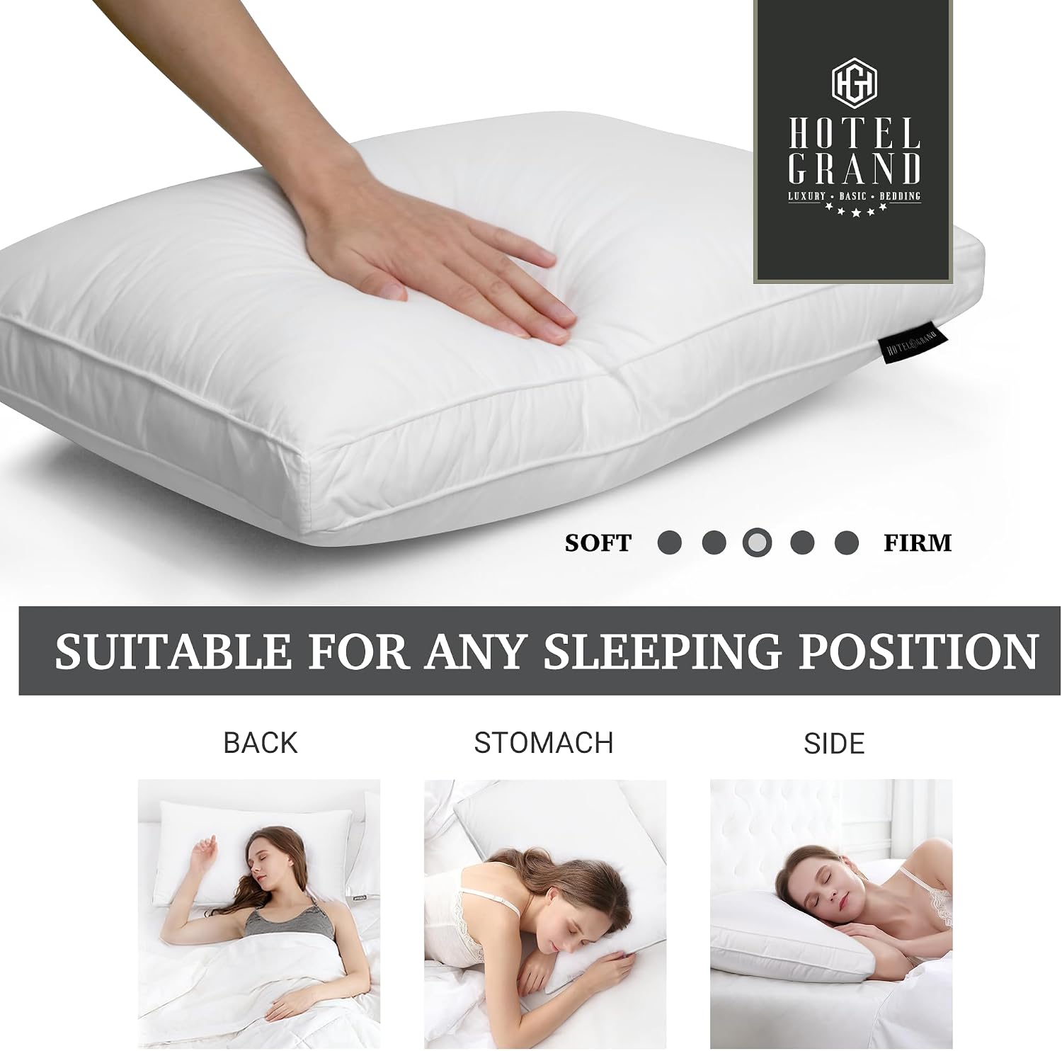 HotelGrand Hotel Grand Luxury Goose Feather & Down Fiber Pillows Queen Size Set of 2, Firm Support Gusseted Design, 100% Cotton Cover, No-F…