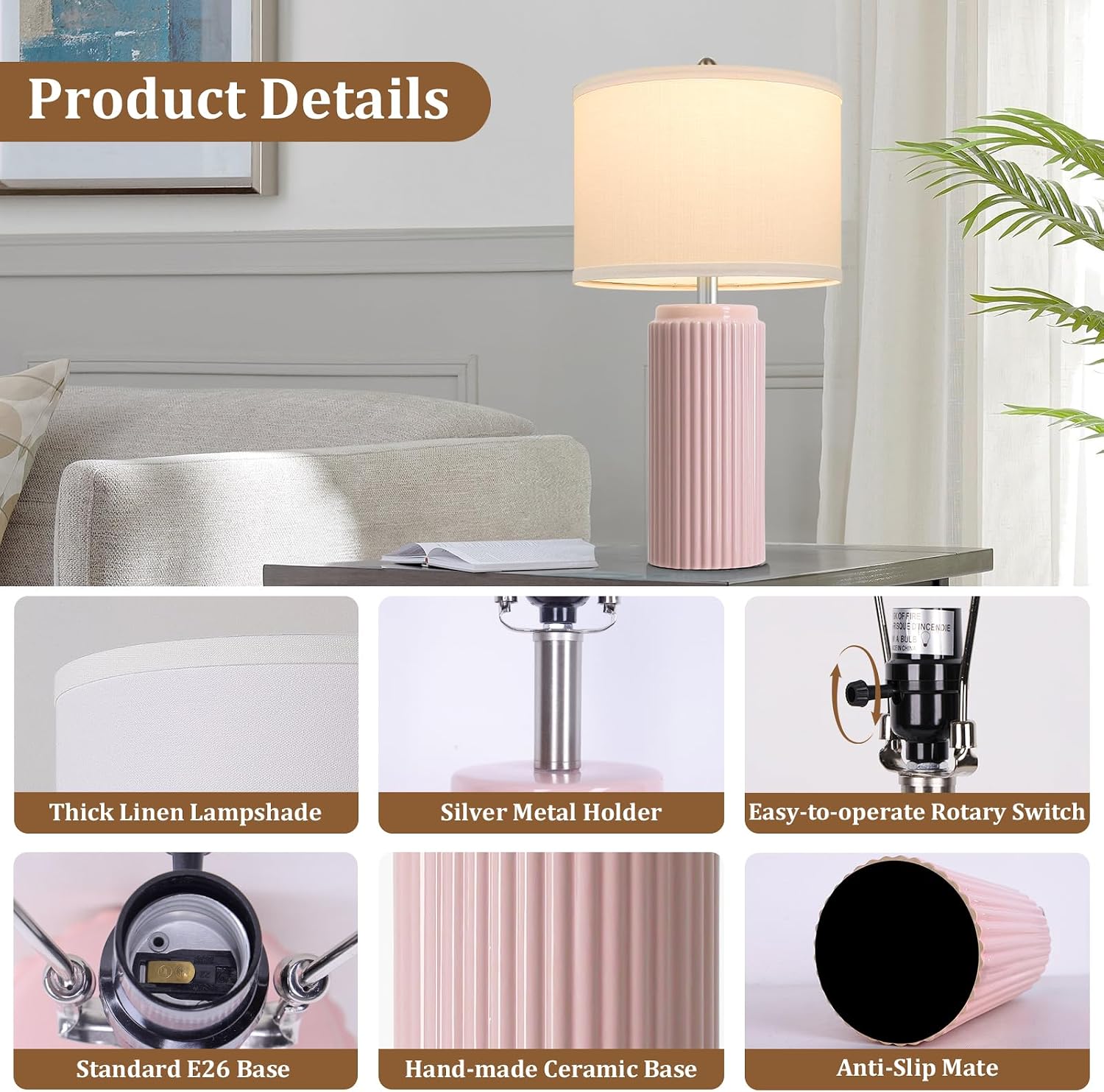 Tobusa 23.5’’ Modern Pink Table Lamps Set of 2 for Living Room, Ceramic Bedside Lamps with White Linen Shade for Girls Room, Rustic Nightst…
