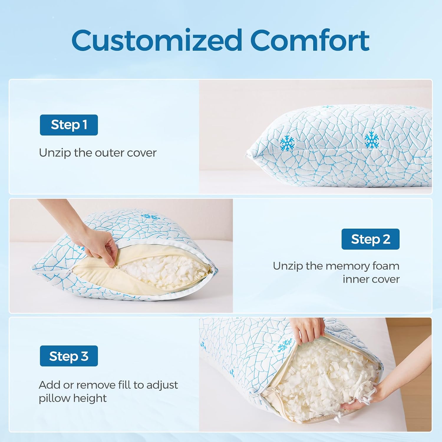 King Shredded Memory Foam Pillow Set of 2 Pack, Adjustable Height Cooling Pillows with Washable Cover for Side Back and Stomach Sleepers…