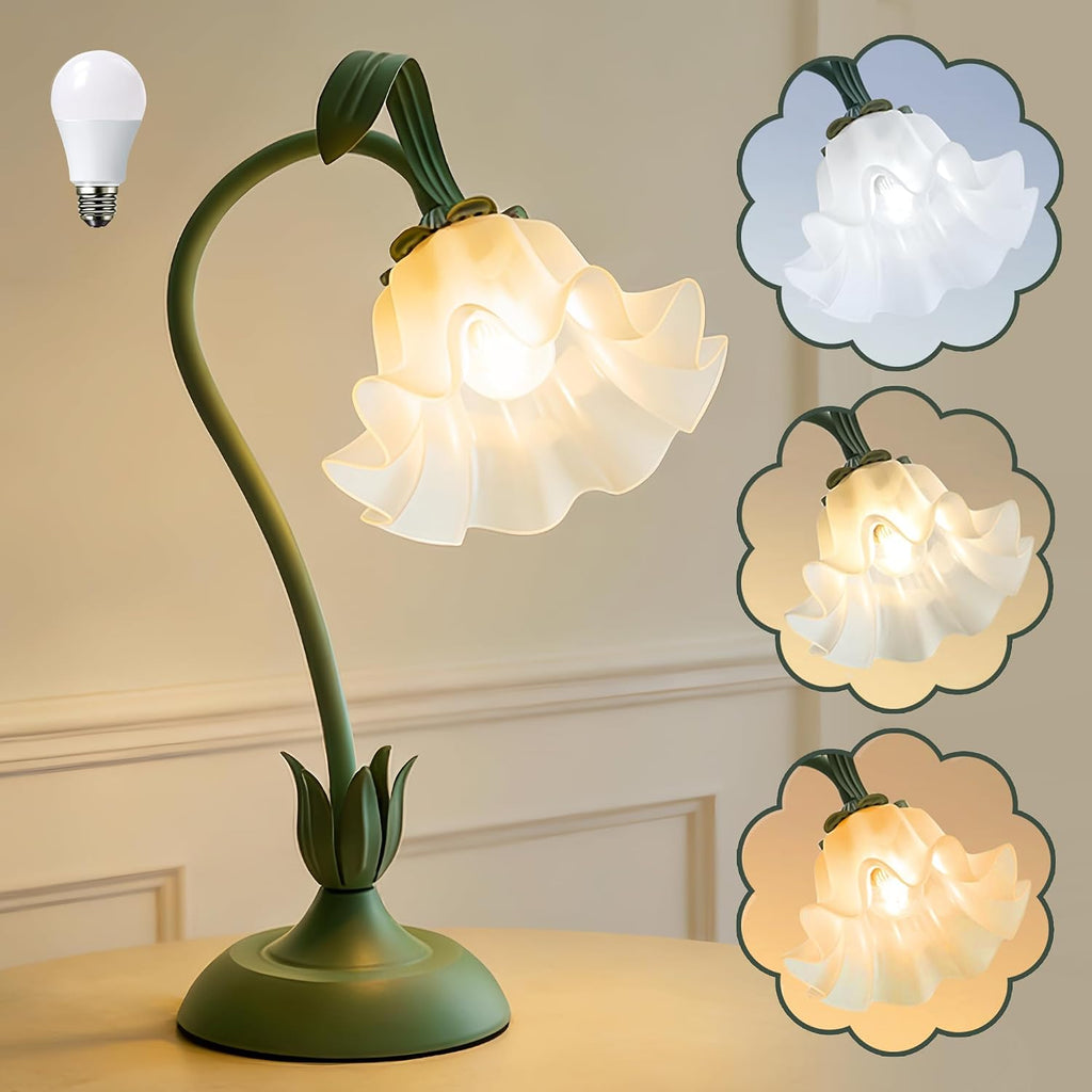 Bedside Table Lamp for Bedroom, Vintage Flower Table Lamps, LED Reading Light 3 Color Modes Bedside Lamps, Nightstand Lamp Kawaii Desk…