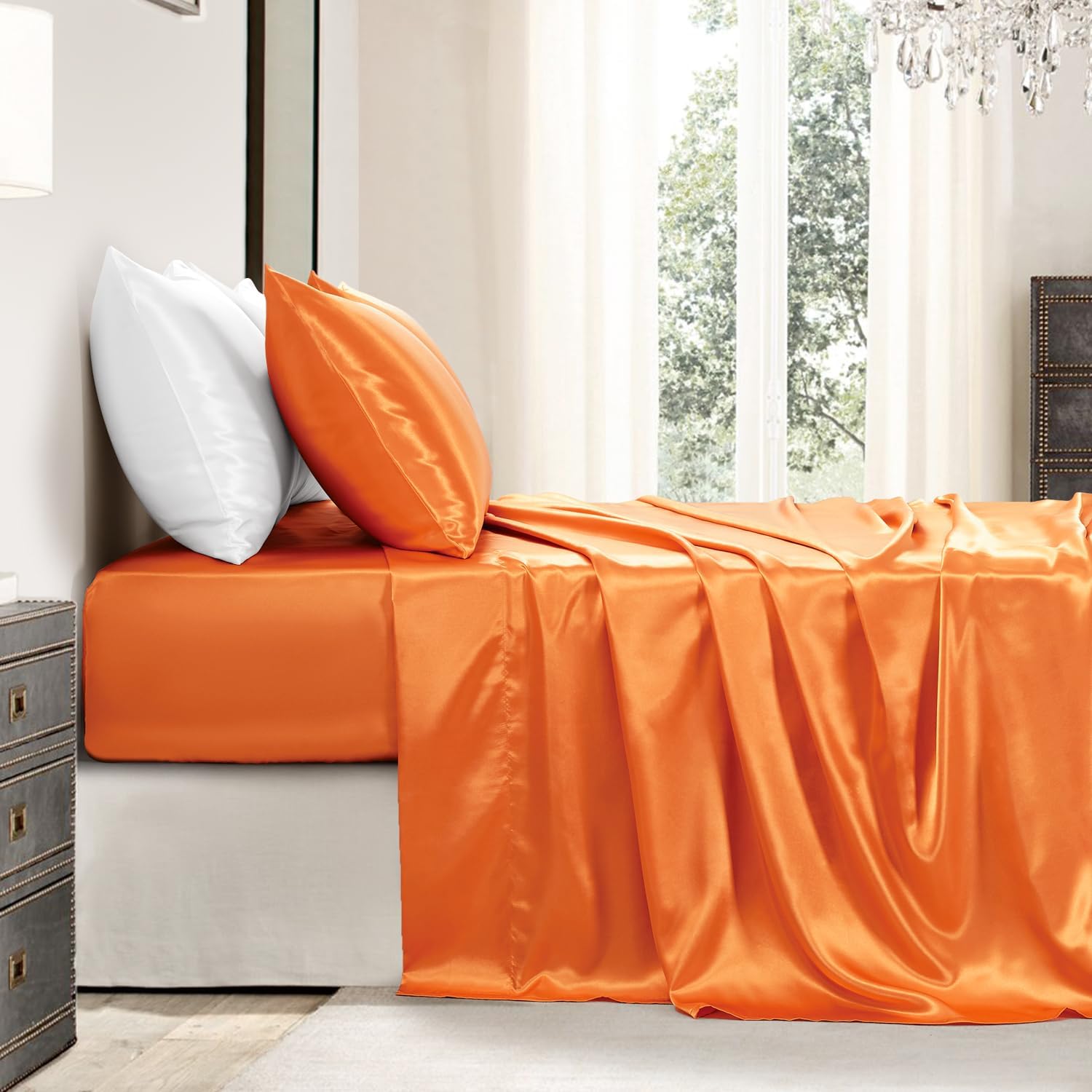 Golal Satin Sheets Full Size - 4 Pieces Luxury Silky Soft Bed Sheets, Wrinkle-Free Burnt Orange Satin Silk Sheet Set with 1 Deep Pocket Fit…
