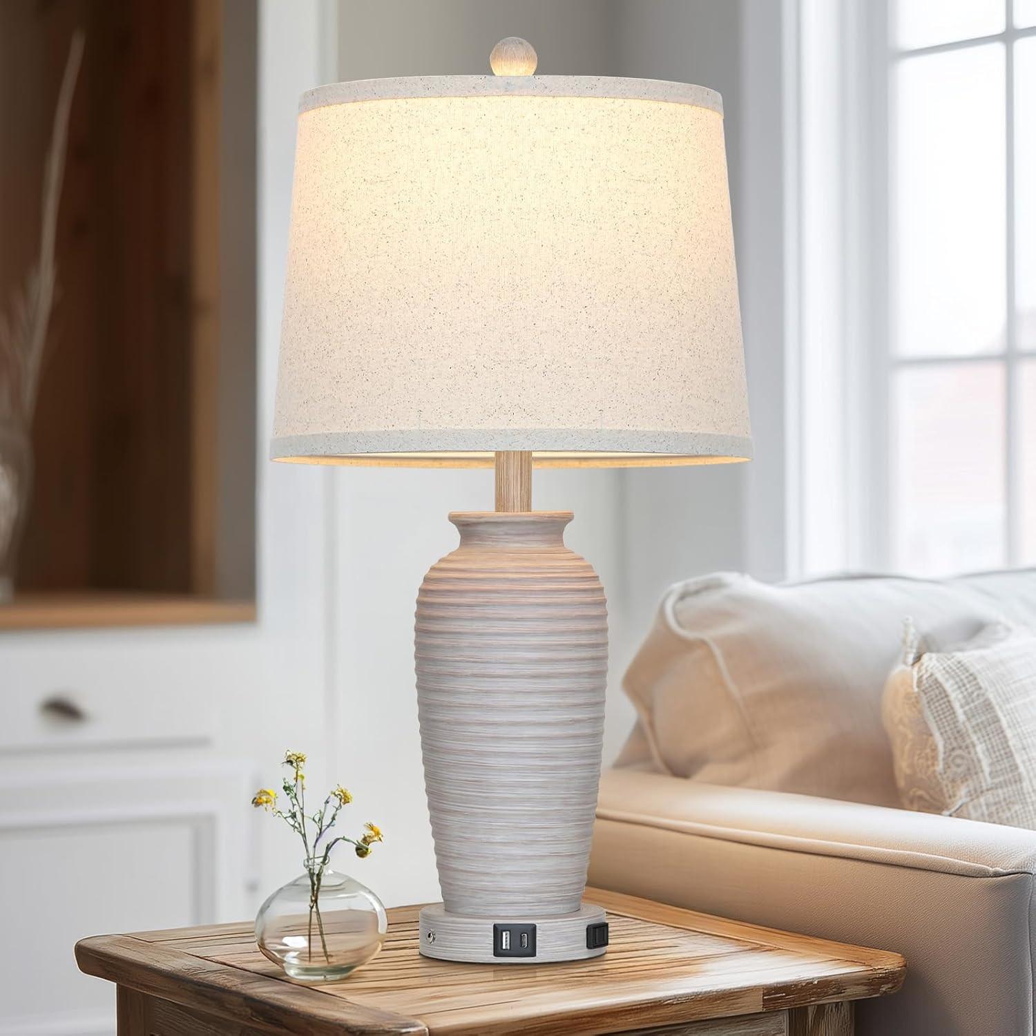 CINSARY 25" Vintage Farmhouse Jar Table Lamps, Single Rustic Bedside Lamp with USB A+C Ports & AC Outlet, Nightstand Lamps for Living…