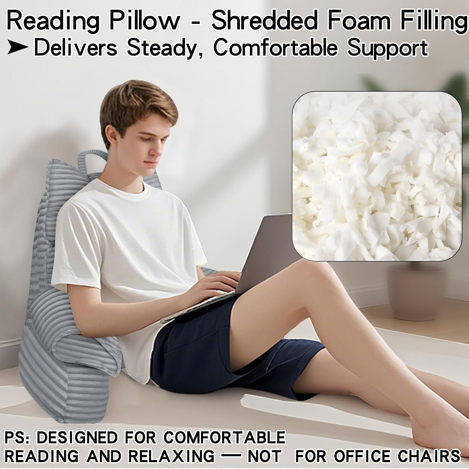 RRPAHWTV Reading Pillow for Bed with High Arm Rests, Back Support Pillow for Sitting Up in Bed with Shredded Memory Foam for Reading, TV…