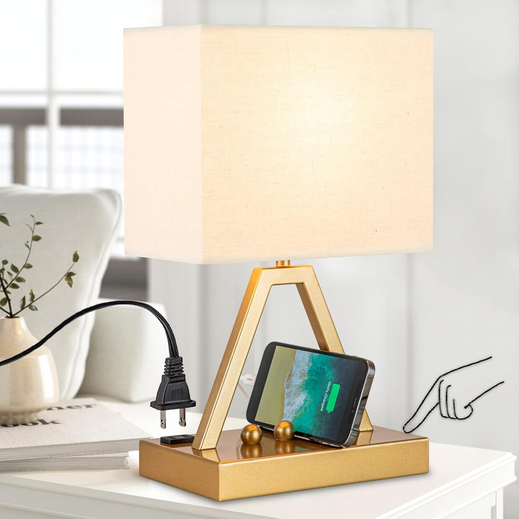 Briever Touch Control Table Lamp, 3-Way Dimmable Desk Lamp with USB C & USB A and AC Outlet, Bedside Lamp with Phone Stand and Fabric Shade…
