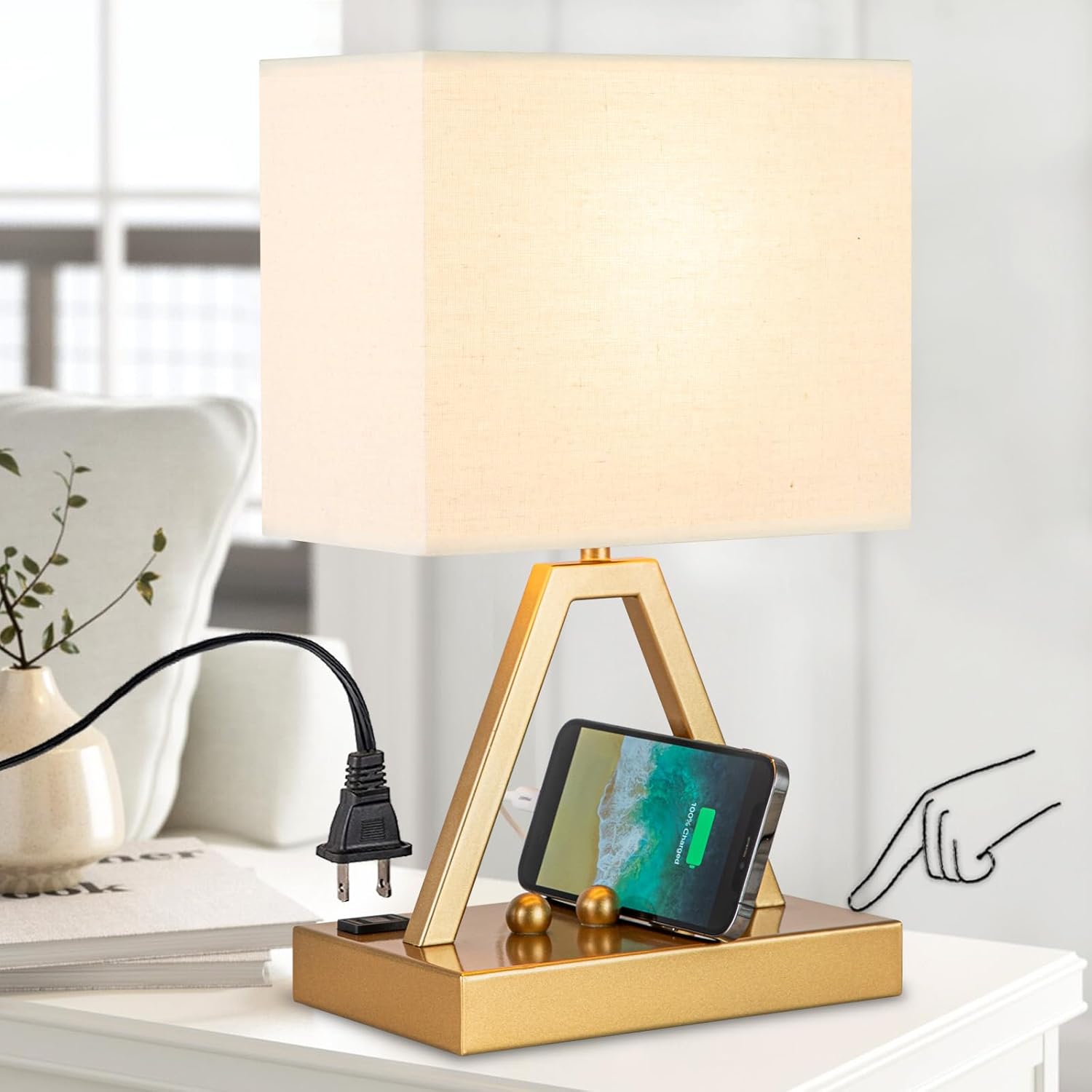 Briever Touch Control Table Lamp, 3-Way Dimmable Desk Lamp with USB C & USB A and AC Outlet, Bedside Lamp with Phone Stand and Fabric Shade…