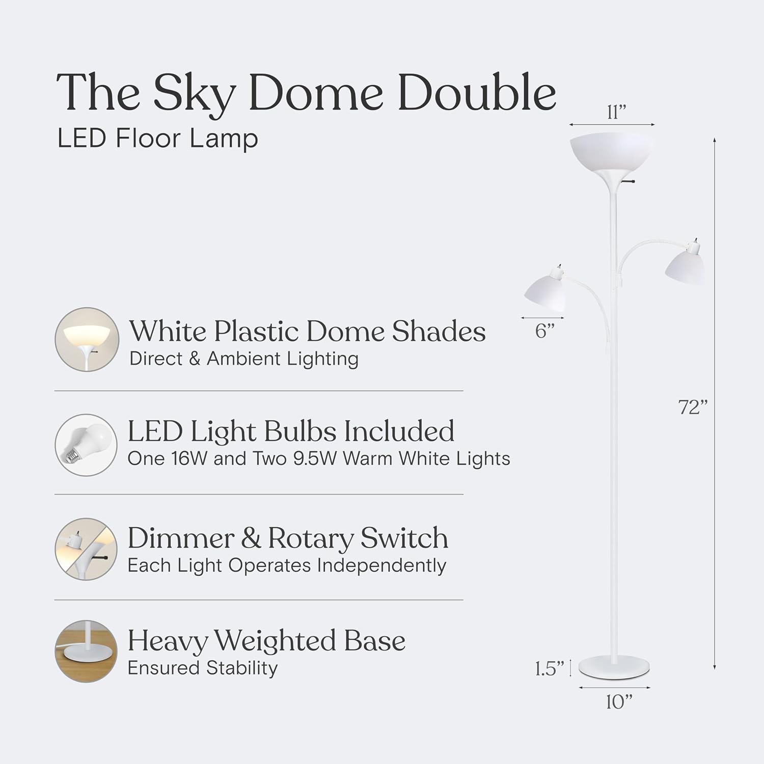 Brightech Sky Dome Double – High Brightness Torchiere Floor Lamp with 2 Reading Lights for Living Rooms, Bedrooms – Replace Halogen…
