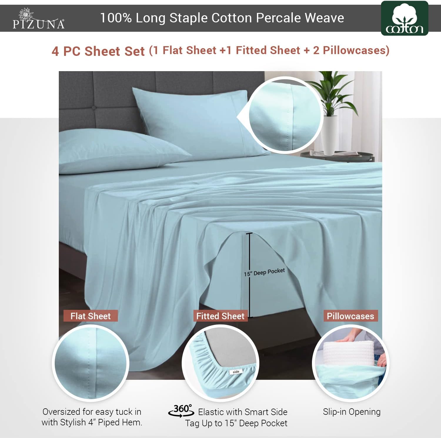 Pizuna 100% Cotton King Sheets Set - Crisp, Breathable Percale Weave Bed Sheets - Fully Elasticized 15" Deep Pocket Cooling Sheet - Long St…