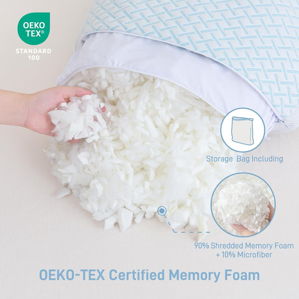 Ankwos Shredded Memory Foam Cooling Soft Bamboo Viscose Pillows Queen Size Set of 2, Adjustable Hypoallergenic Hotel Quality Pillow for…