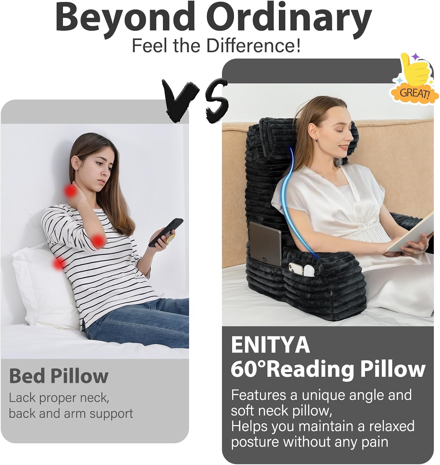 ENITYA 22" XL Ergonomic Bed Pillow for Sitting Up, Backrest Cushion for Reclining, Gaming, Resting, Watching TV, Recovery in Bed, Couch or…