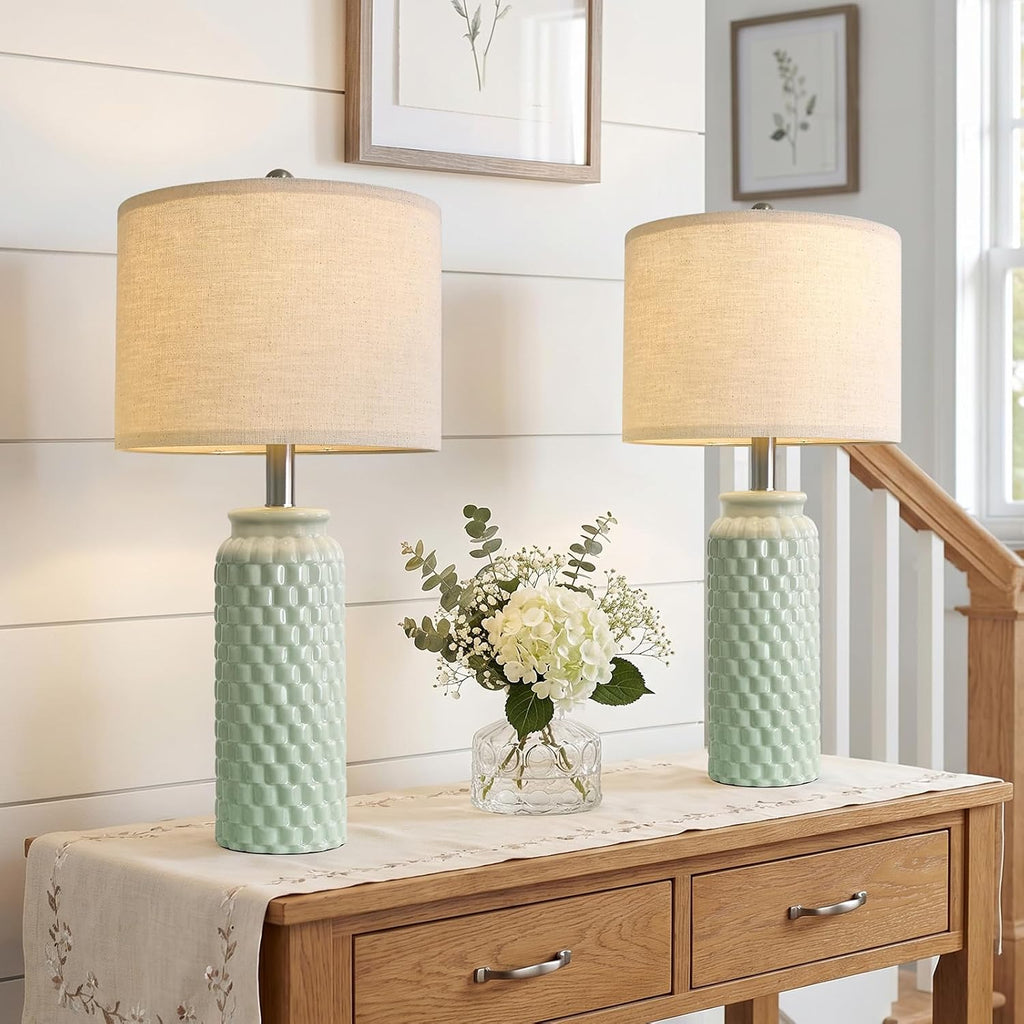 USumkky 24" Modern Ceramic Green Bedside Lamp Set of 2 Table Lamp for Bedroom Decor Farmhouse Table Lamp for Living Room Office Dorm