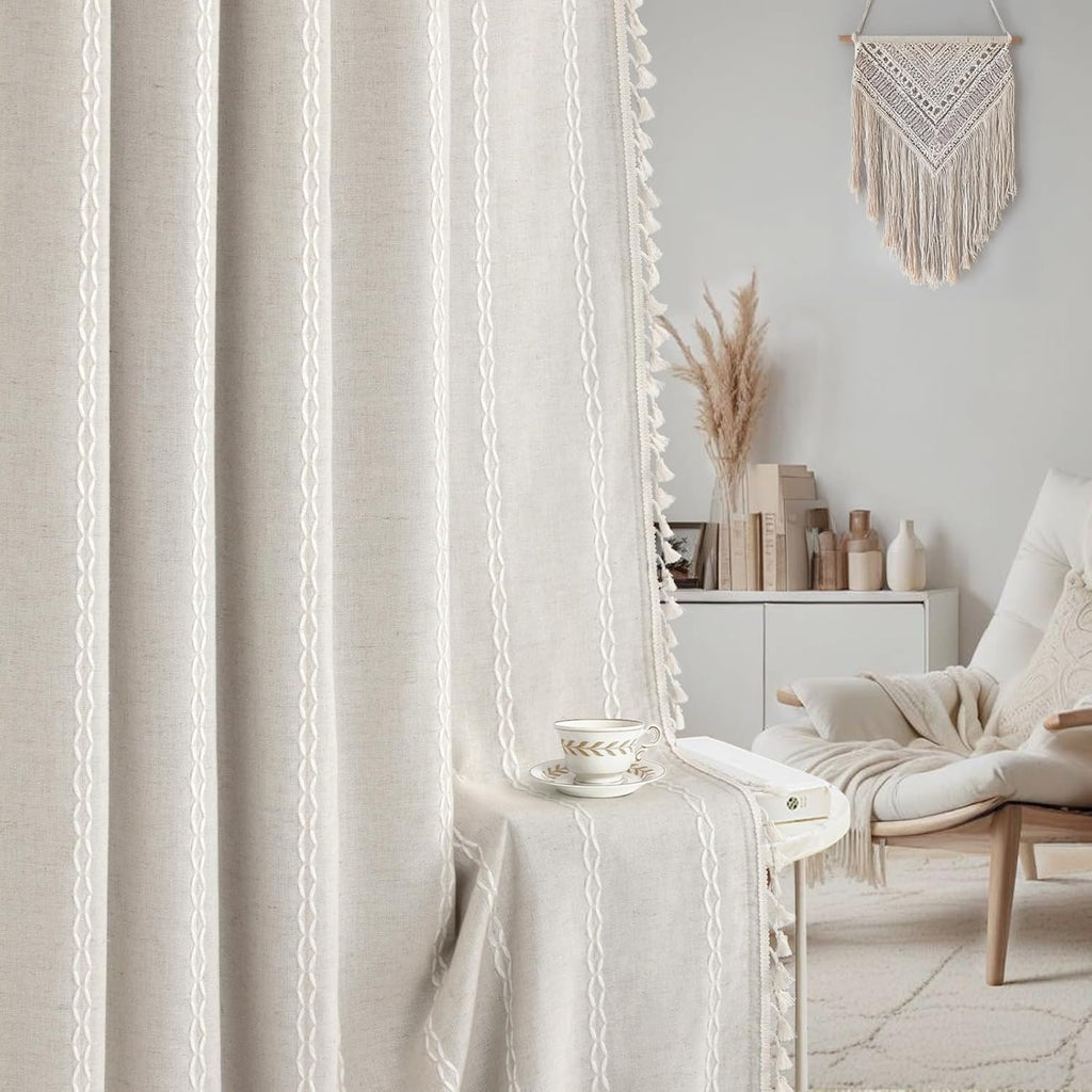 XOGUIBO Boho 80% Blackout Curtains with Gray Liner 84 Inches Long 2 Panels Set, Beige Linen Blend Drapes with Tassels and Cotton Emb…