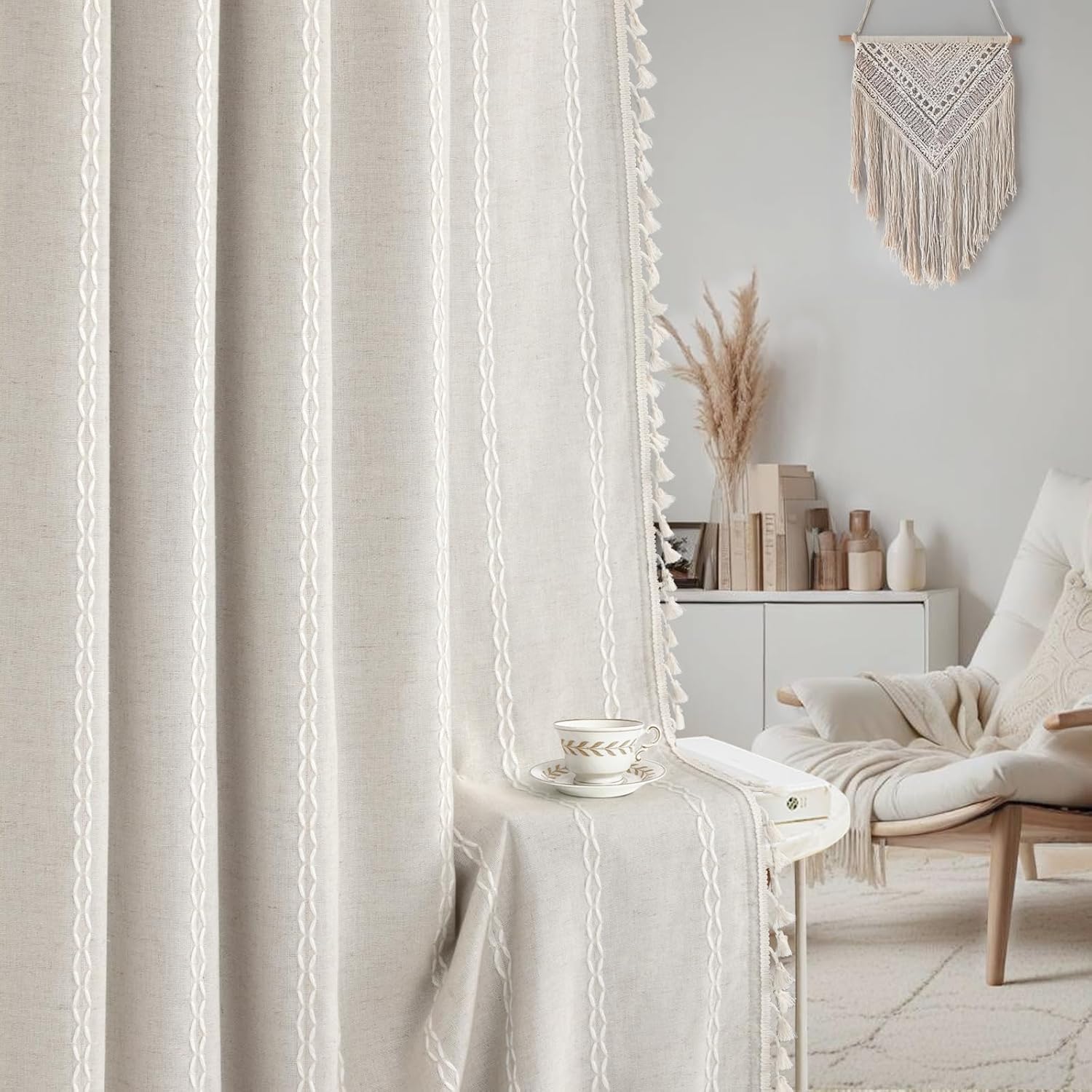 XOGUIBO Boho 80% Blackout Curtains with Gray Liner 84 Inches Long 2 Panels Set, Beige Linen Blend Drapes with Tassels and Cotton Emb…