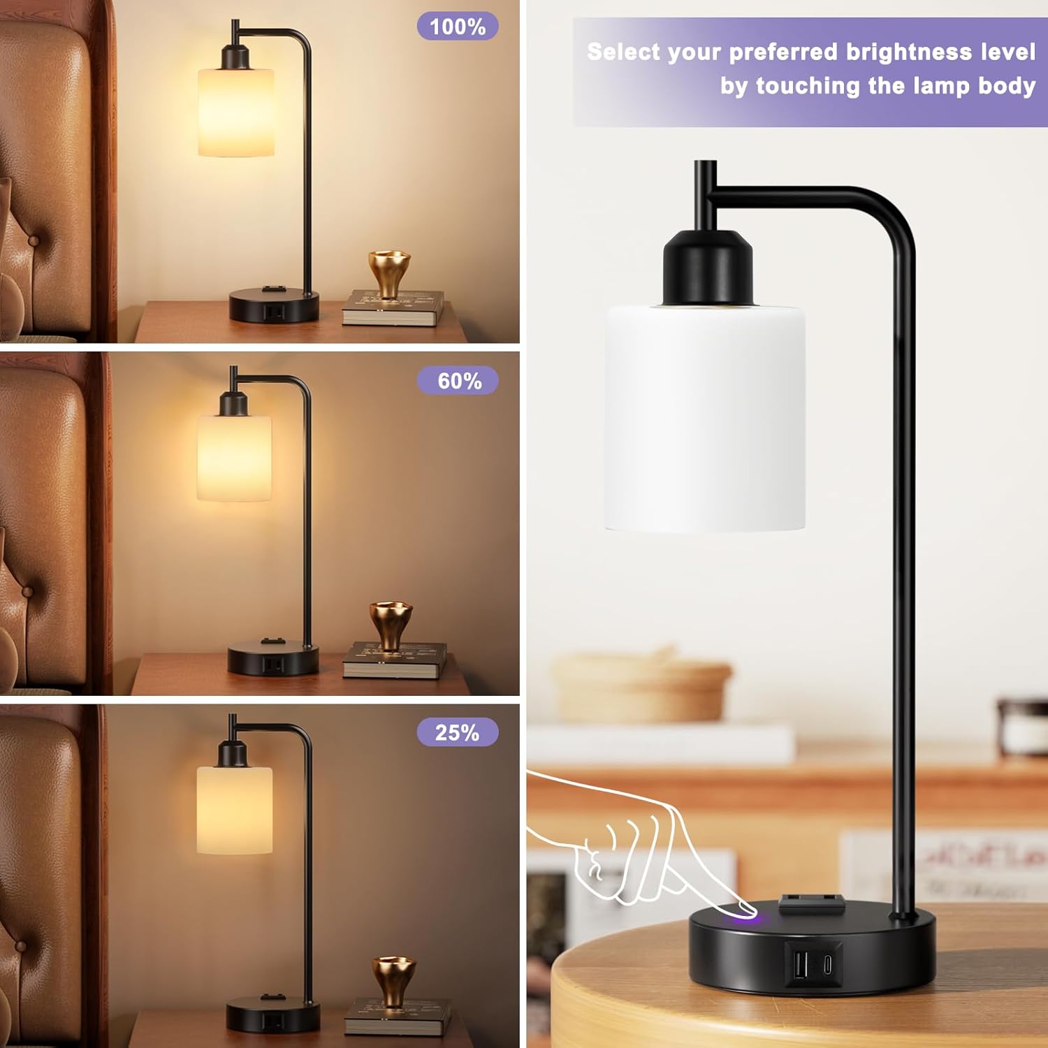 Industrial Touch Bedside Lamps for Bedrooms Set of 2 - 3-Way Dimmable Nightstand Lamps with USB C+A Ports and Outlet, Table Lamps with…