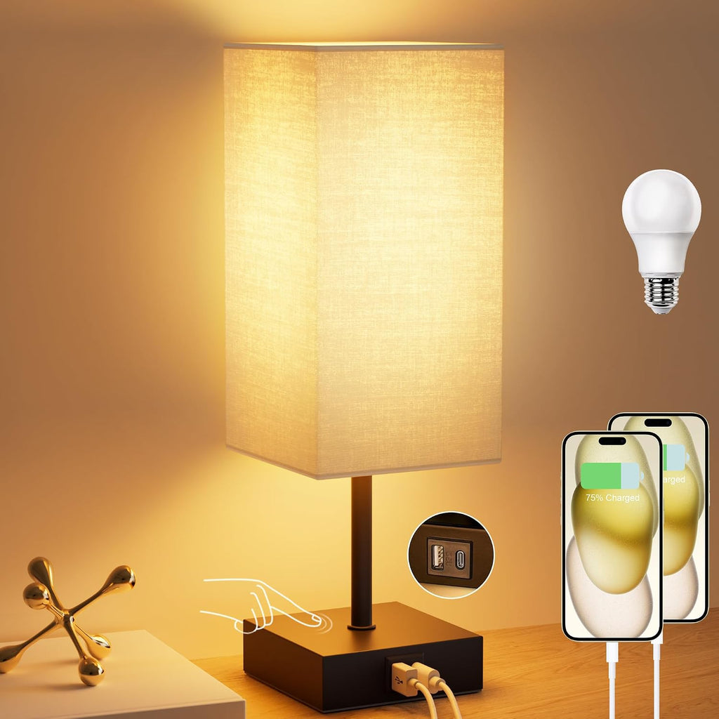 Bedside Lamps, Table Lamp with USB C+A Charging Ports, 3 Way Dimmable Touch Control, Small Nightstand Lamps for Bedroom, Home Decor…