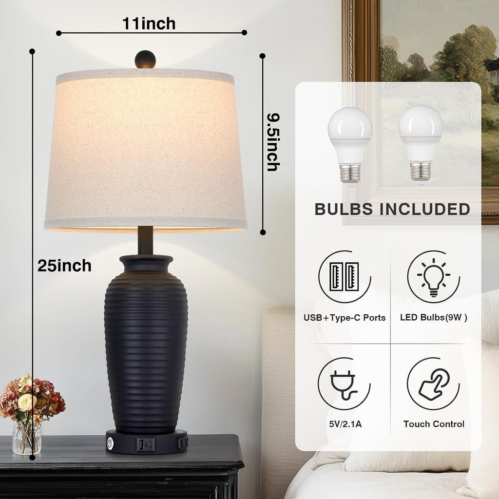 CINSARY 25" Retro Black Farmhouse Jar Table Lamps Set of 2, 3 Way Touch Control Rustic Bedside Lamps with USB A+C Ports & AC Outlet, Pot…