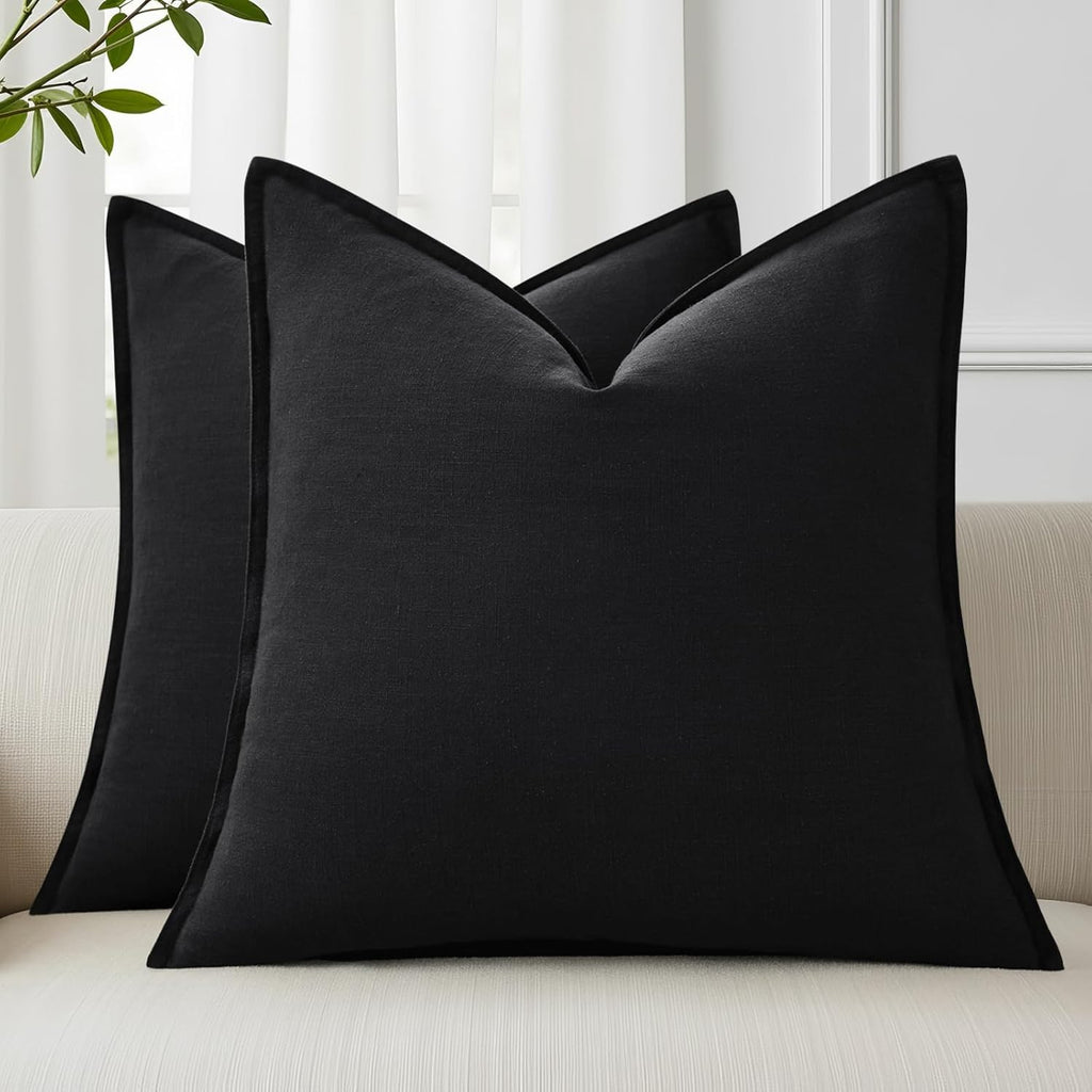 decorUhome Summer Decorative Linen Throw Pillow Covers 18x18 Inch Set of 2 Black Pillow Covers with Flange Edges Soft Farmhouse Boho Accent…