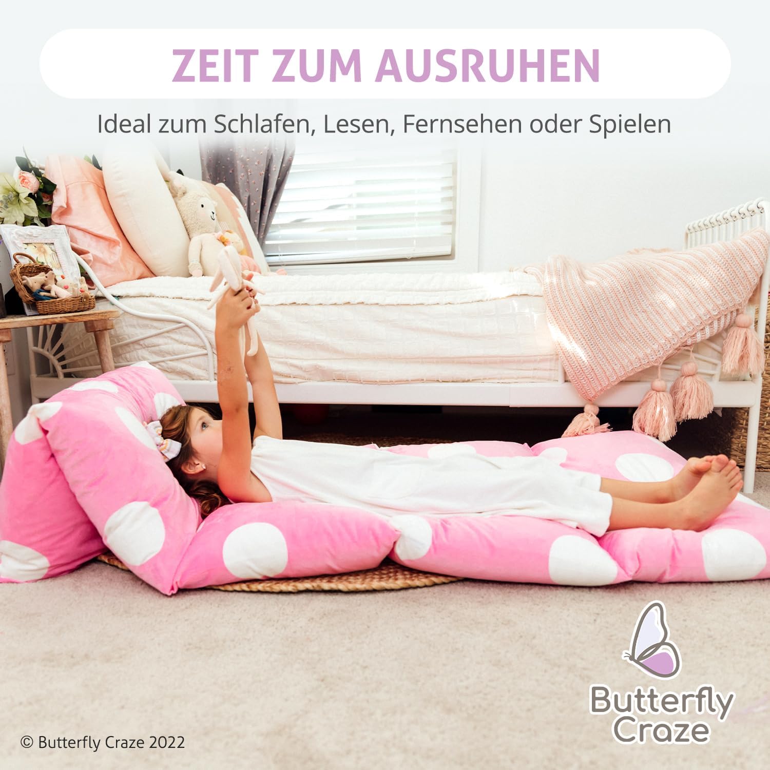Butterfly Craze Floor Pillow Case, Mattress Bed Lounger Cover, Polka Pink, Queen Size - Cozy Seating Solution for Kids & Adults, Recliner…