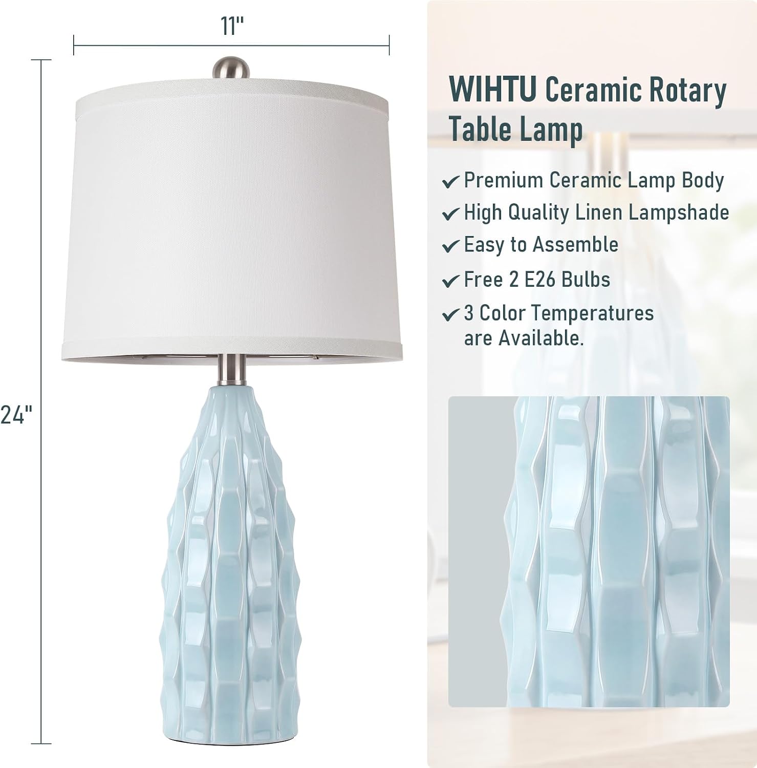 WIHTU Creamic Table lamp Set of 2, Modern 3 Color Temperature Beside Lamp for Living Room, 24" Farmhouse Nightstand Lamps with Linen…