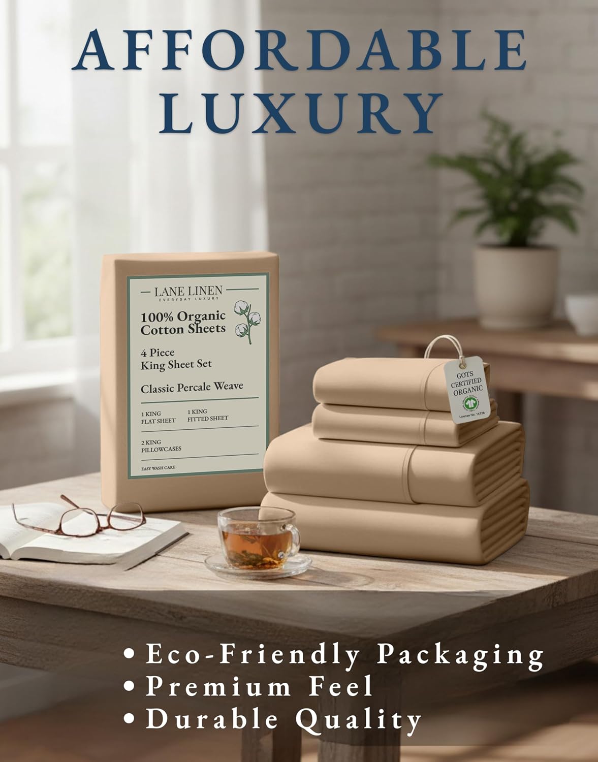 LaneLinen LANE LINEN 100% Organic Cotton Sheets Set, Long- Staple Percale Weave Ultra Soft - Bedding Sheets for Bed, GOTS Certified, Fits M…