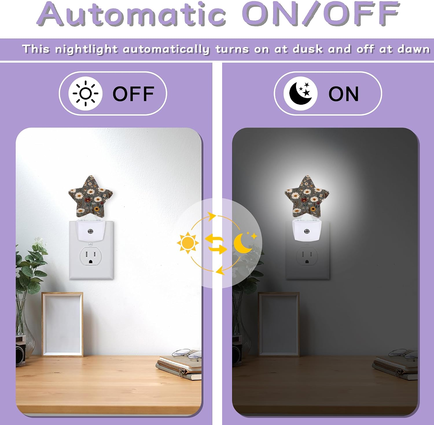 Brown Flowers Night Lights Plug Into Wall, White Floral Dusk to Dawn Light Sensor Night Light for Kids, Energy Efficient Sleep Friendly…