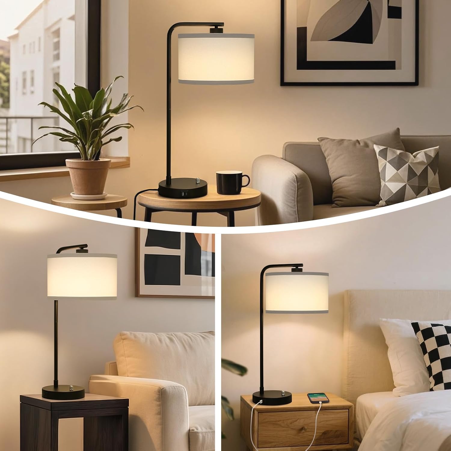 Seaside village Table Lamp for Bedroom with USB C+A Ports, Fully Stepless Dimmable Farmhouse Bedside Lamp Nightstand Light, Tall Reading…