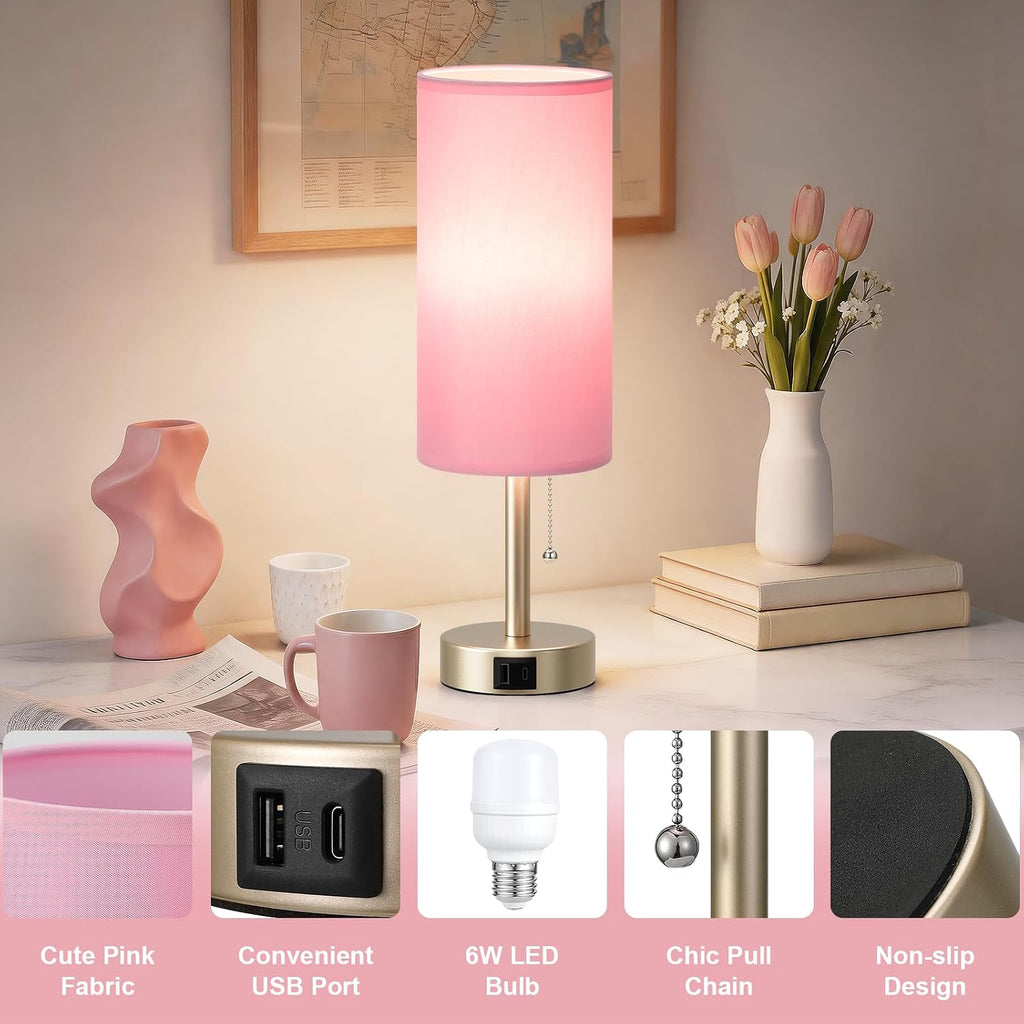 Dicoool Pink Bedside Table Lamp for Bedroom, Small Nightstand Lamp for Girls, 3 Color Temperatures & USB Charging Port, Cute Desk Lamp…