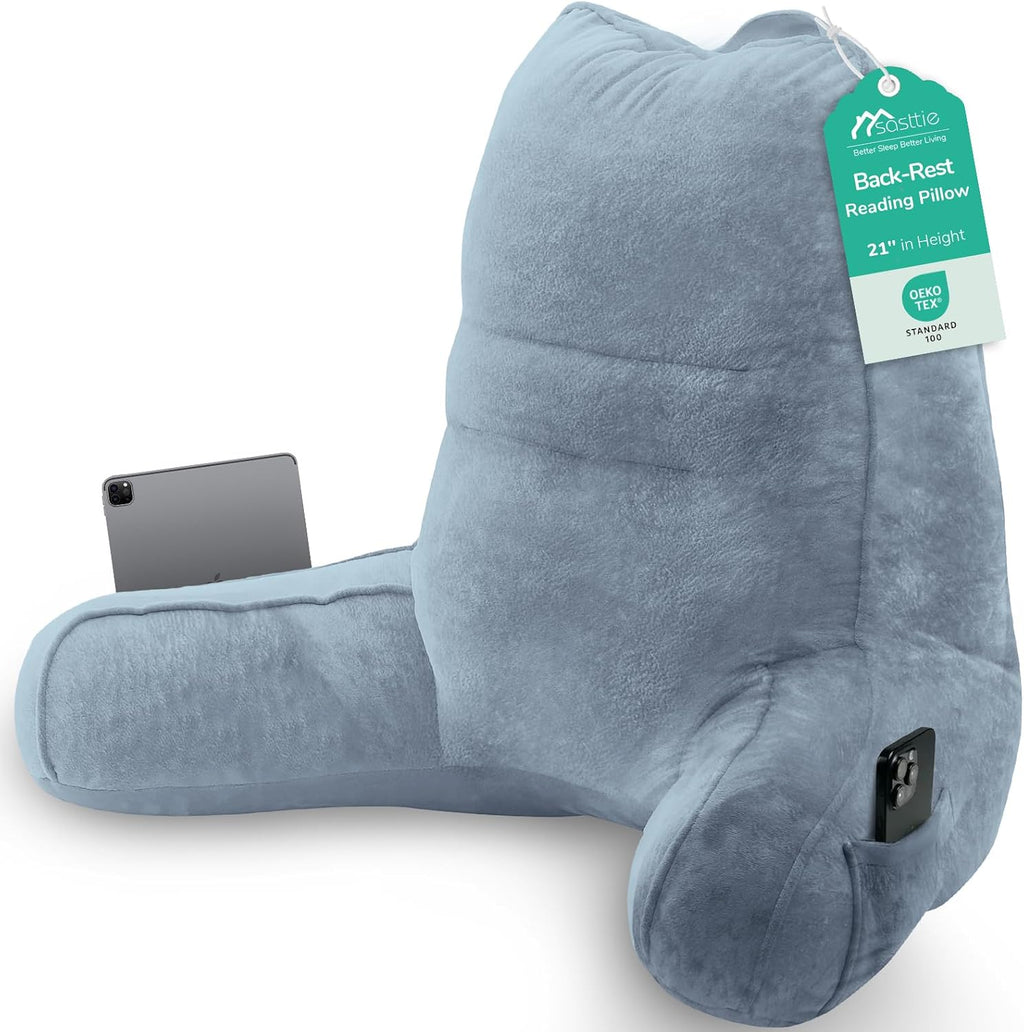 Sasttie Reading Pillow, Pillows for Reading or Relaxing – Ergonomic Support for Head, Neck, Back, and Lumbar, 21-Inch, Greyish Blue Blue