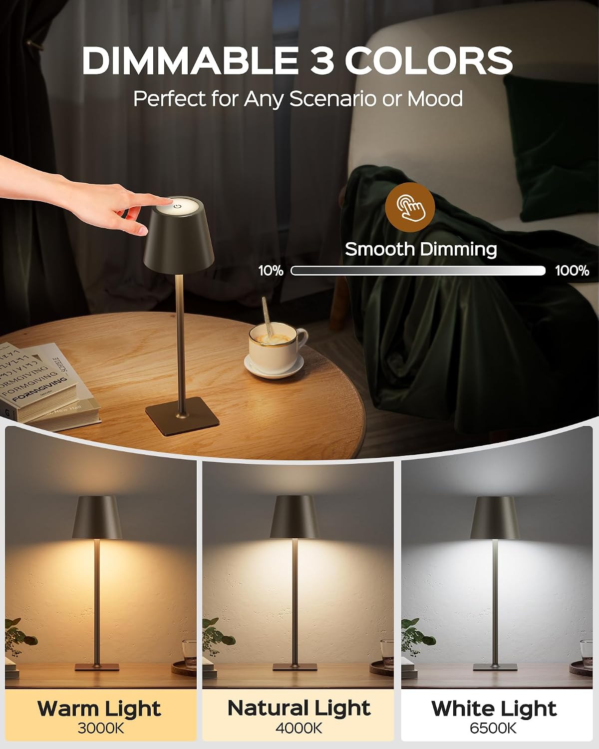 JACKYLED Cordless Lamp DIY Height, 3 Color Stepless Dimming, 5000mAh Battery Operated Lamp Portable Rechargeable for Bedroom Dinning…