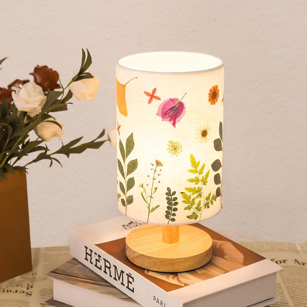 Pressed Flowers Table Lamp 5W LED 3Color Temperatures Dried Flower Bedside Lamp Linen Shade with Wood Base for Bedroom Living Room Desk…