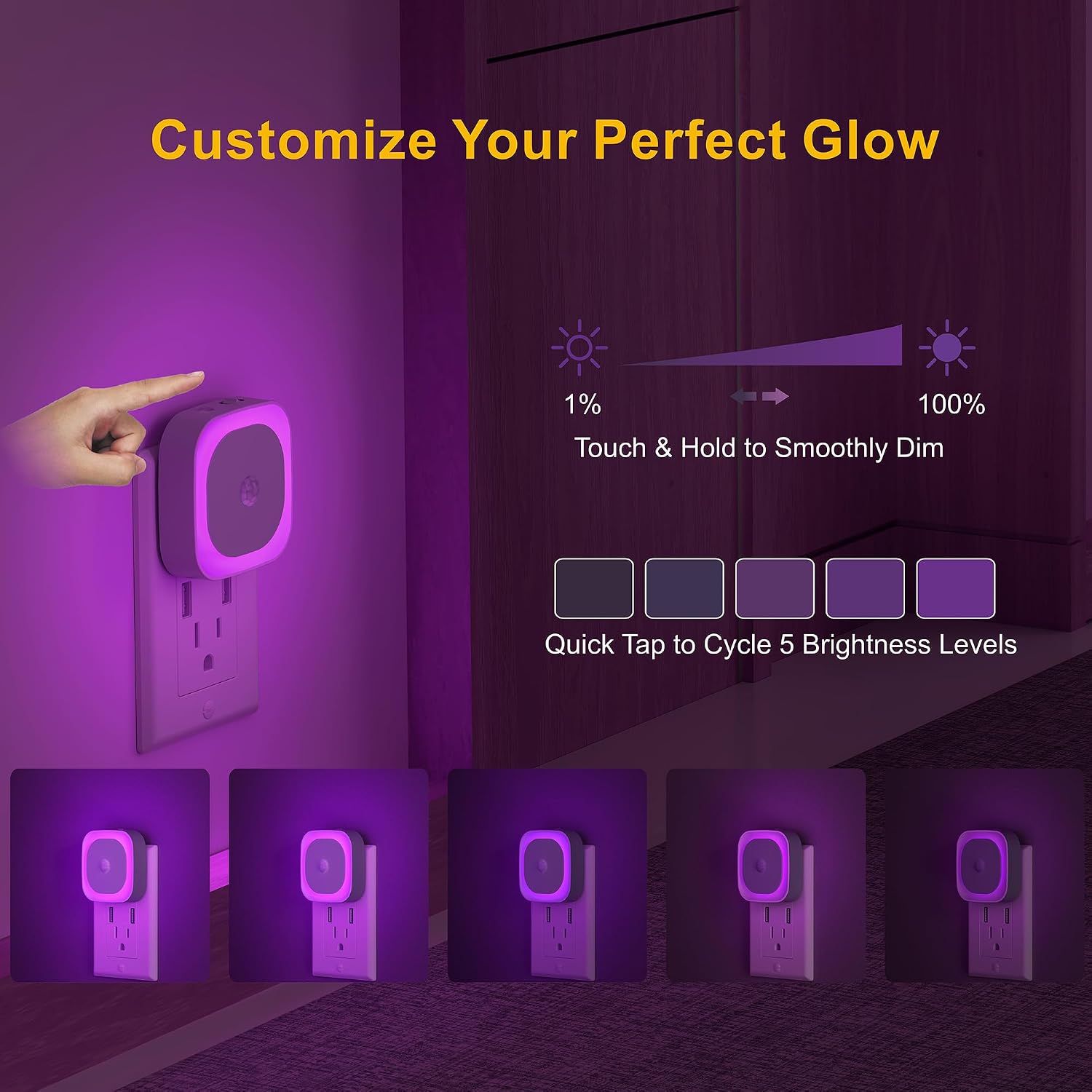 Yunlex 2 Pack Plug in Night Light with Motion Sensor & Dusk to Dawn Sensor, 3 Sensor Modes, Purple Lights Plug into Wall, Dimmable Calming…