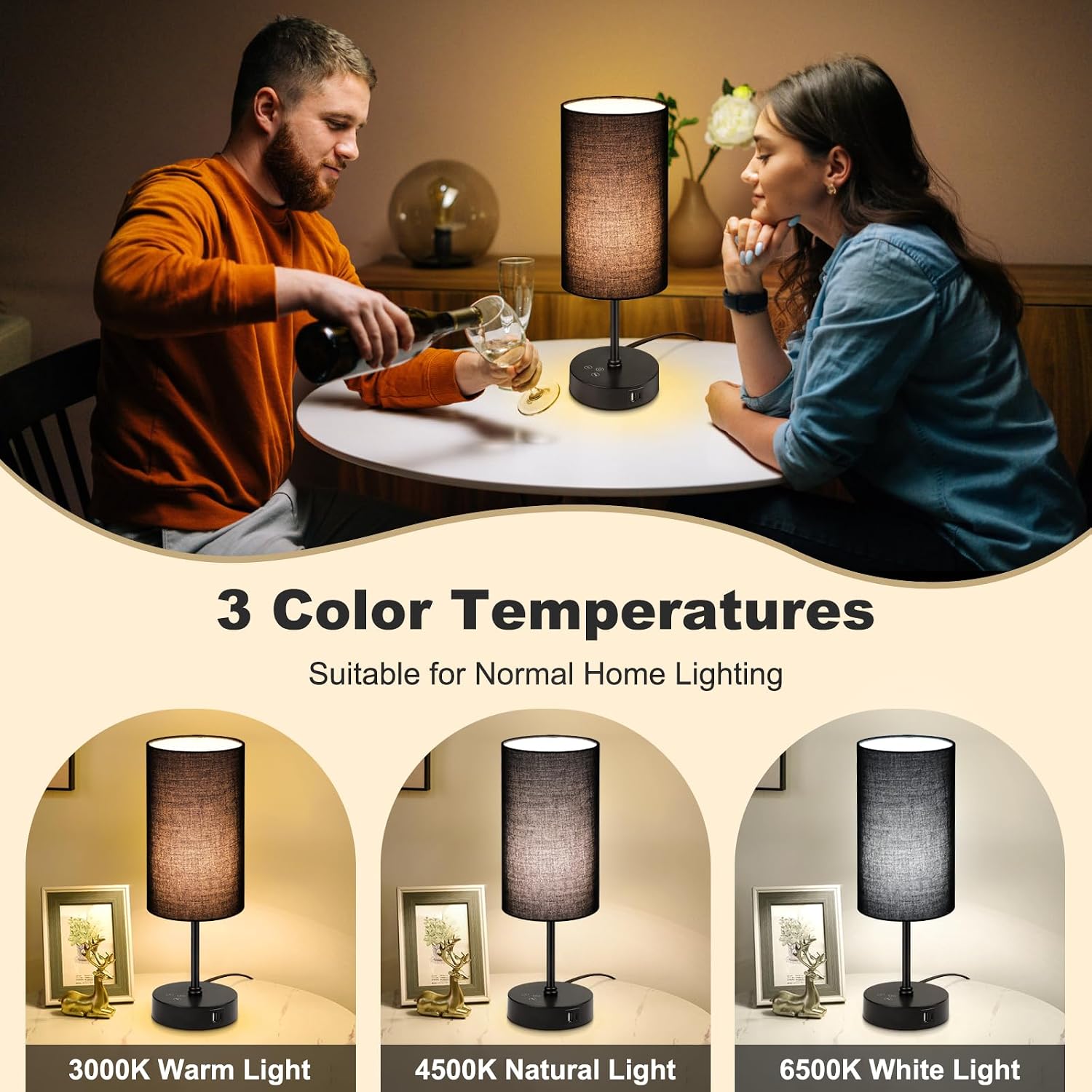 Unicozin Table Lamp for Bedroom, 3 Color Temperatures, 7 RGB Colors, Adjustable Brightness, Dual USB Charging Ports, Ambience Nightstand…