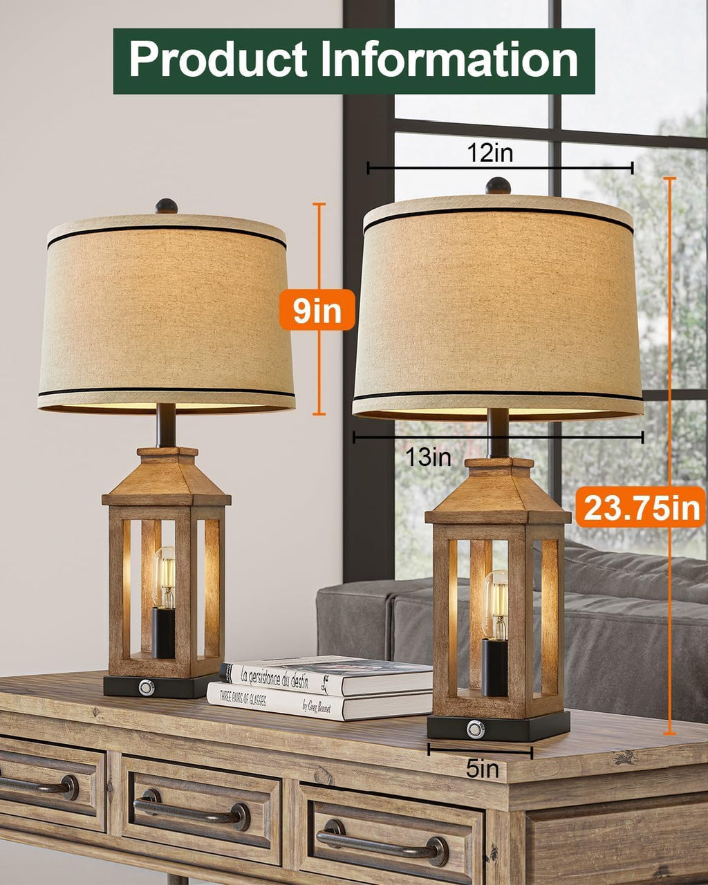 G-SAFAVA 23.75" Farmhouse Dual USB Charging Ports 3-Way Dimmable Touch Control Table Lamp with Nightlight Vintage Modern Lamps for Living…