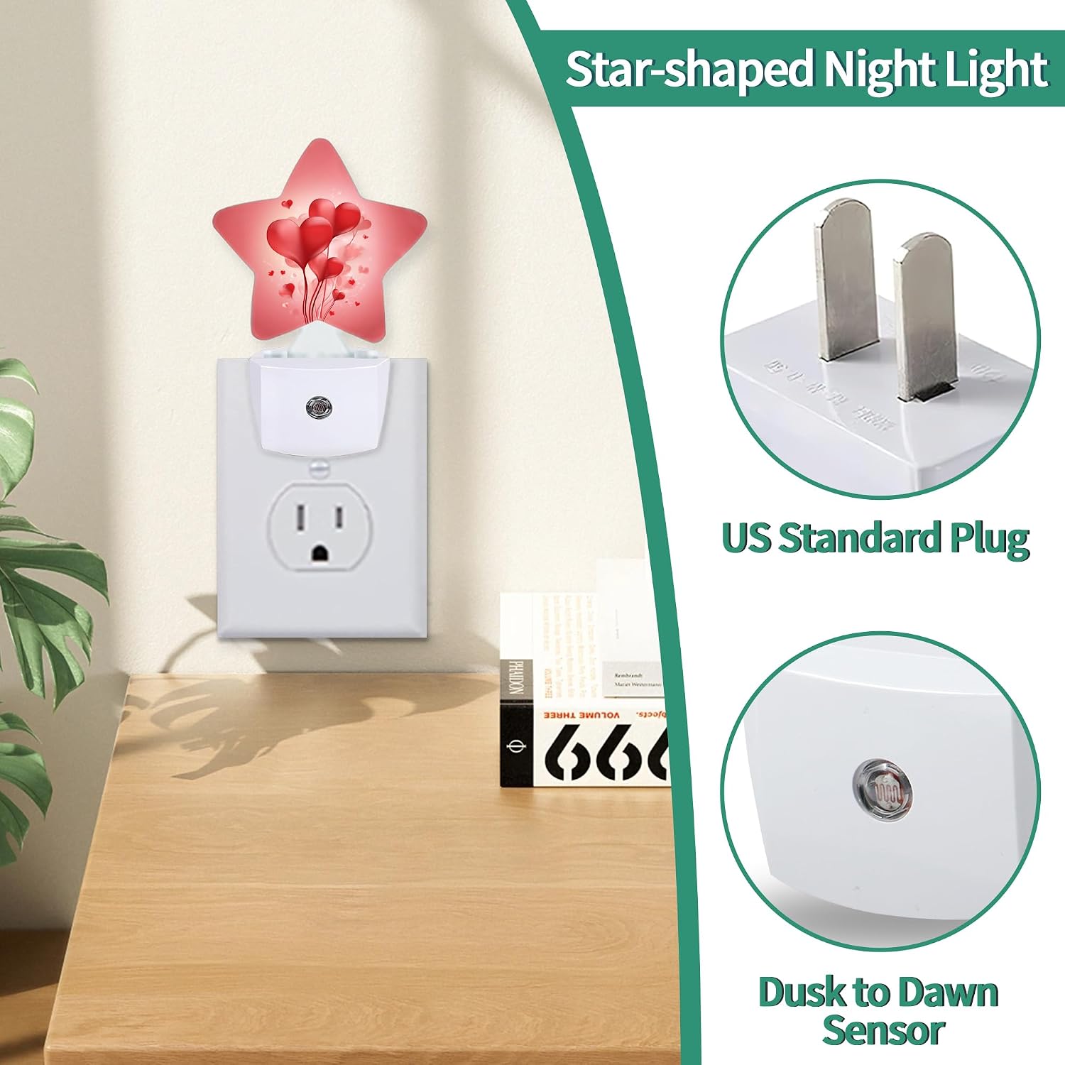 Star Night Light Plug in, Love Heart Dusk to Dawn Sensor Night Light, Soft Glow Lamp for Kids Bedroom Nursery Hallway Bathroom, Energy…