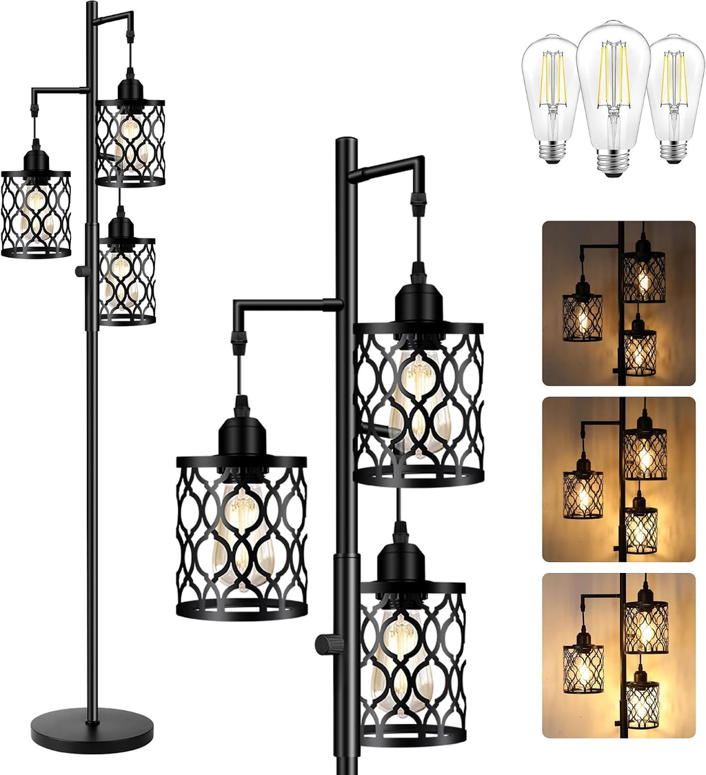 ROTTOGOON Dimmable Farmhouse Floor Lamp, Industrial Floor Lamp for Living Room with 3 X 6W LED Bulbs, 3 Light Rustic Standing Tall Lamp…