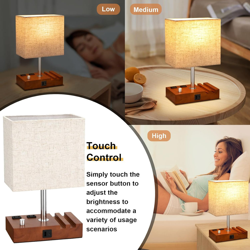 Kakanuo Fully Dimmable Nightstand Lamp for Bedroom with USB C Ports, Small Bedside Table Lamp with Charging Outlets and Phone Stands…