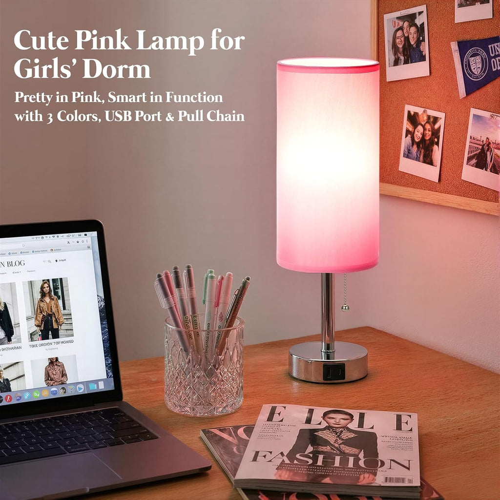 Dicoool Small Bedside Table Lamp for Bedroom, Pink Nightstand Lamp for Girls Kids, 3 Color Temperatures & USB Charging Port, Cute Desk…