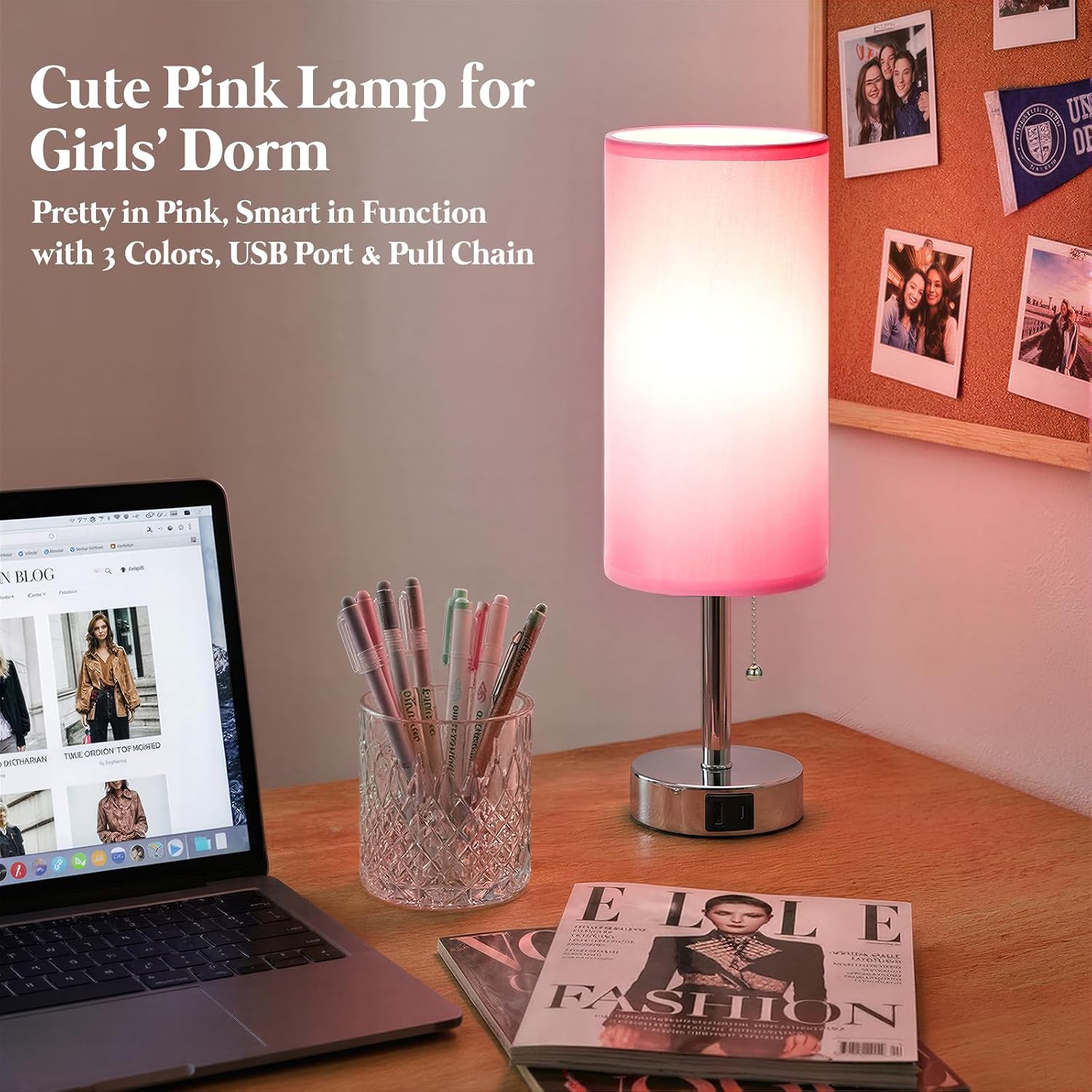 Dicoool Small Bedside Table Lamp for Bedroom, Pink Nightstand Lamp for Girls Kids, 3 Color Temperatures & USB Charging Port, Cute Desk…