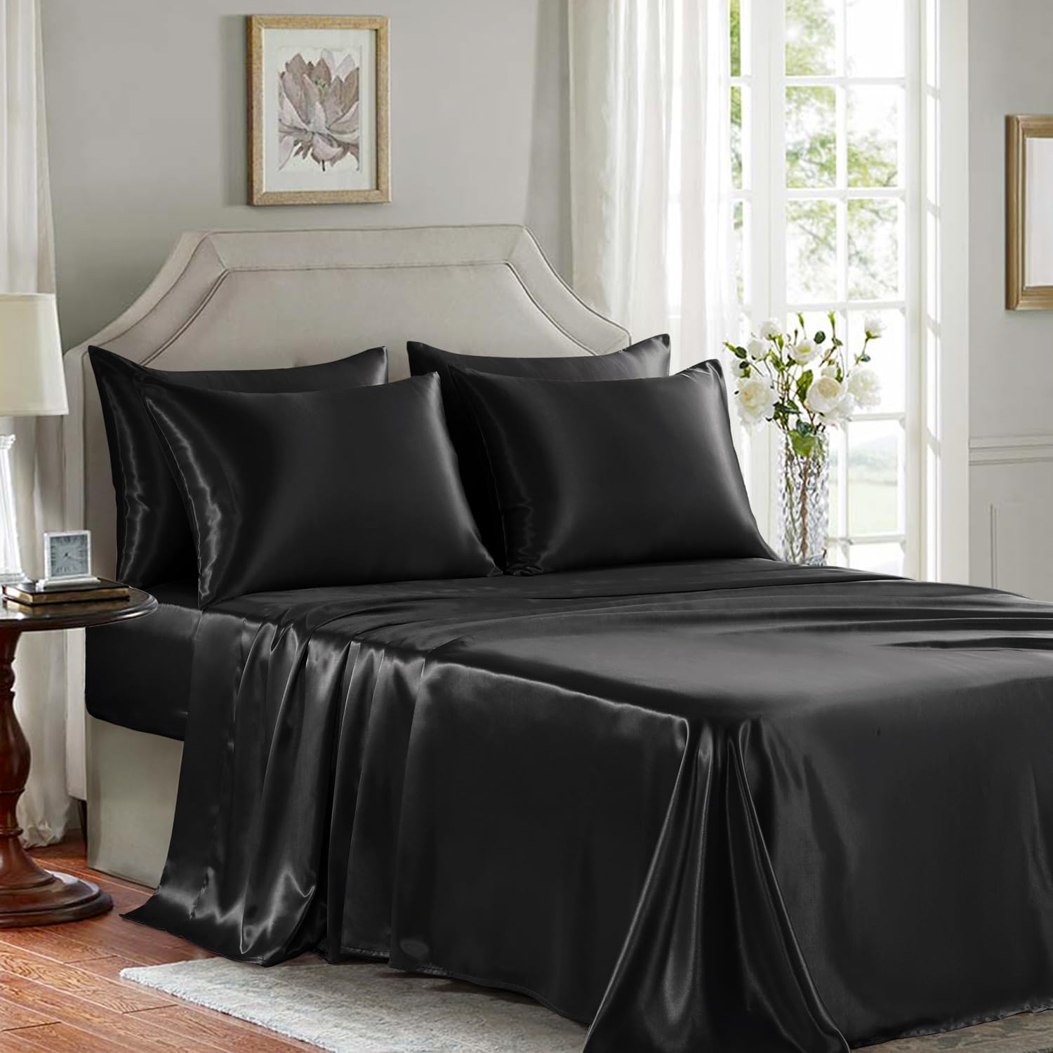 Golal Satin Sheets Full Size - 6 Pieces Luxury Silky Soft Bed Sheets, Wrinkle-Free Black Satin Silk Sheet Set with 1 Deep Pocket Fitted She…