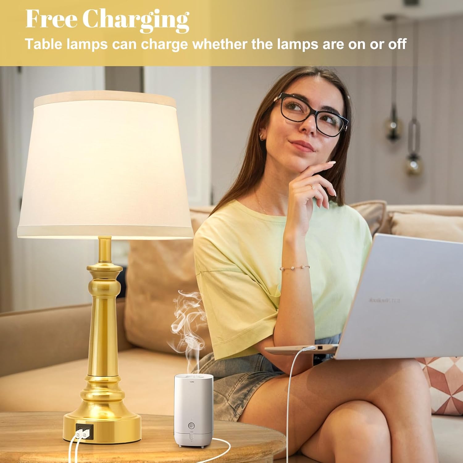 EJIAXIN Touch Lamps for Nightstand Set of 2 - Gold Table Lamp for Bedroom Dimmable Bedside Lamps with USB C+A Ports - Lamps for Night…