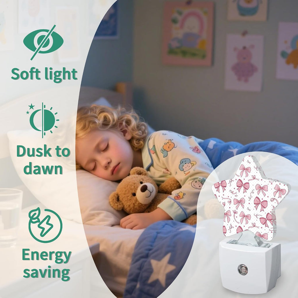Pink Bow Star Night Light Plug in, Decorative Night Light for Kids Room Nursery Bedroom, Soft Glow Sensor Lamp for Hallway Bathroom…