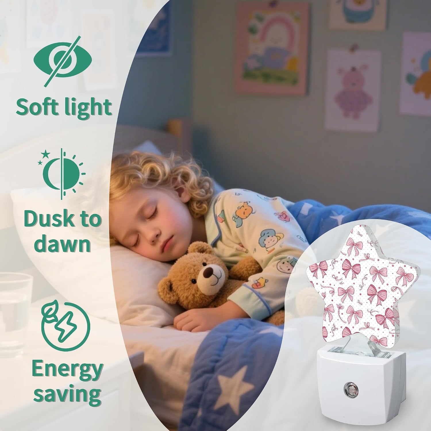 Pink Bow Star Night Light Plug in, Decorative Night Light for Kids Room Nursery Bedroom, Soft Glow Sensor Lamp for Hallway Bathroom…