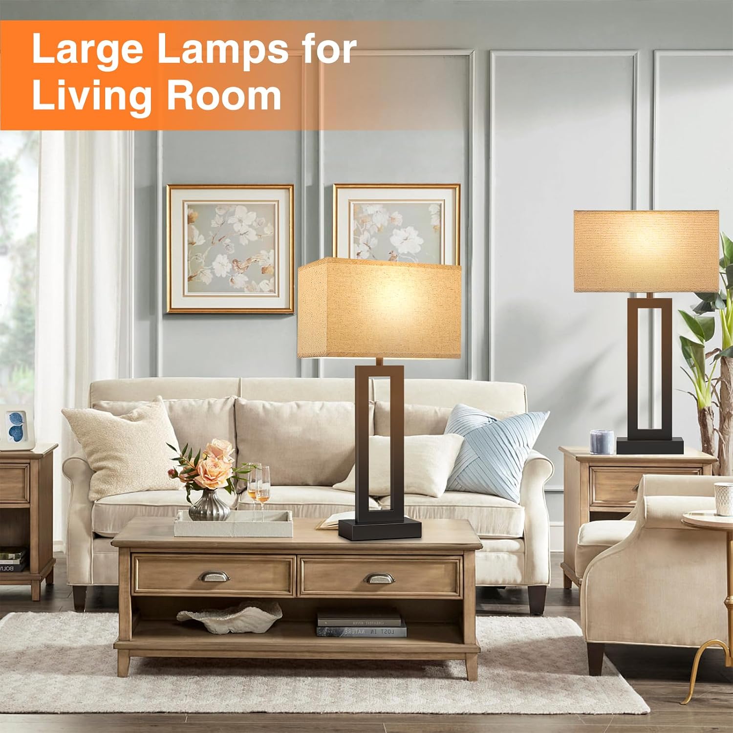 Seealle 26.3in Big Bedroom Table Lamps Set of 2 -Touch Control, 3 Way Dimmable, USB C+A Charging, LED Bulbs, Easy Assembly