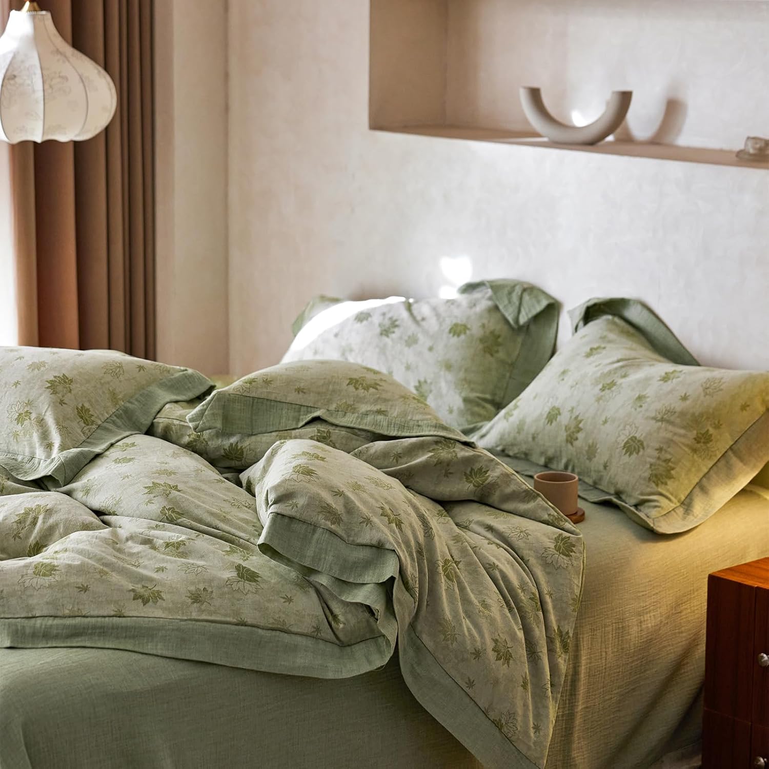 mixinni Yarn-Dyed Jacquard Duvet Cover Queen, Green Botanical Leaf Print 3-Piece Bedding Set with Wide Edge Piping, Soft Breathable Double…