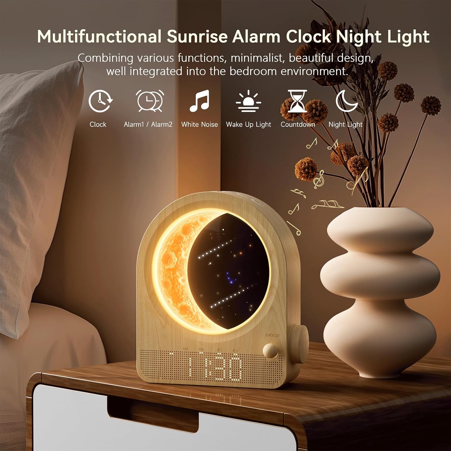 blonbar Sunrise Alarm Clocks for Bedrooms, Stepless Dimmable Moon Lamp Dual Alarm Clock with 12Levels Volume for Heavy Sleepers, 10 Natural…