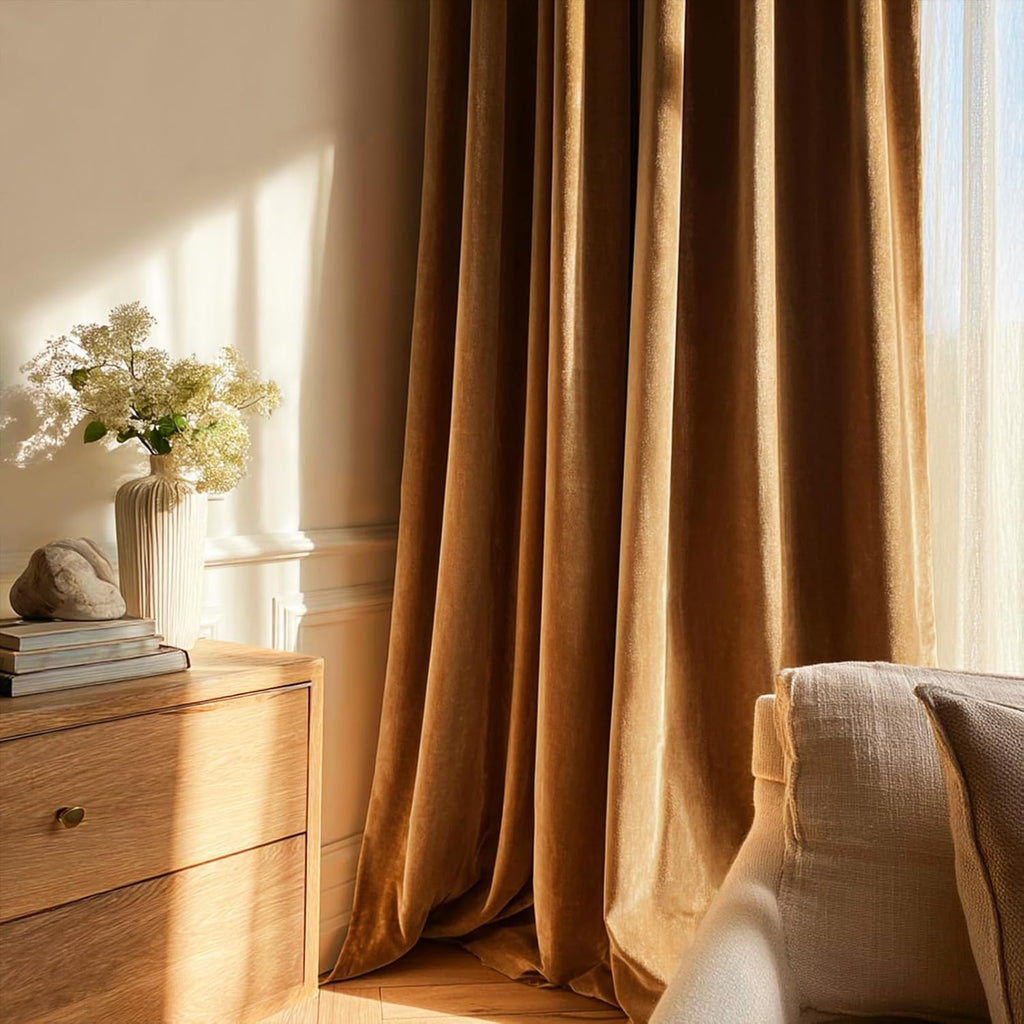 Drapenova 90 Inch Long Velvet Blackout Curtains for Living Room Bedroom Golden Brown Modern Decorative Pinch Pleated Drapes Copper S…