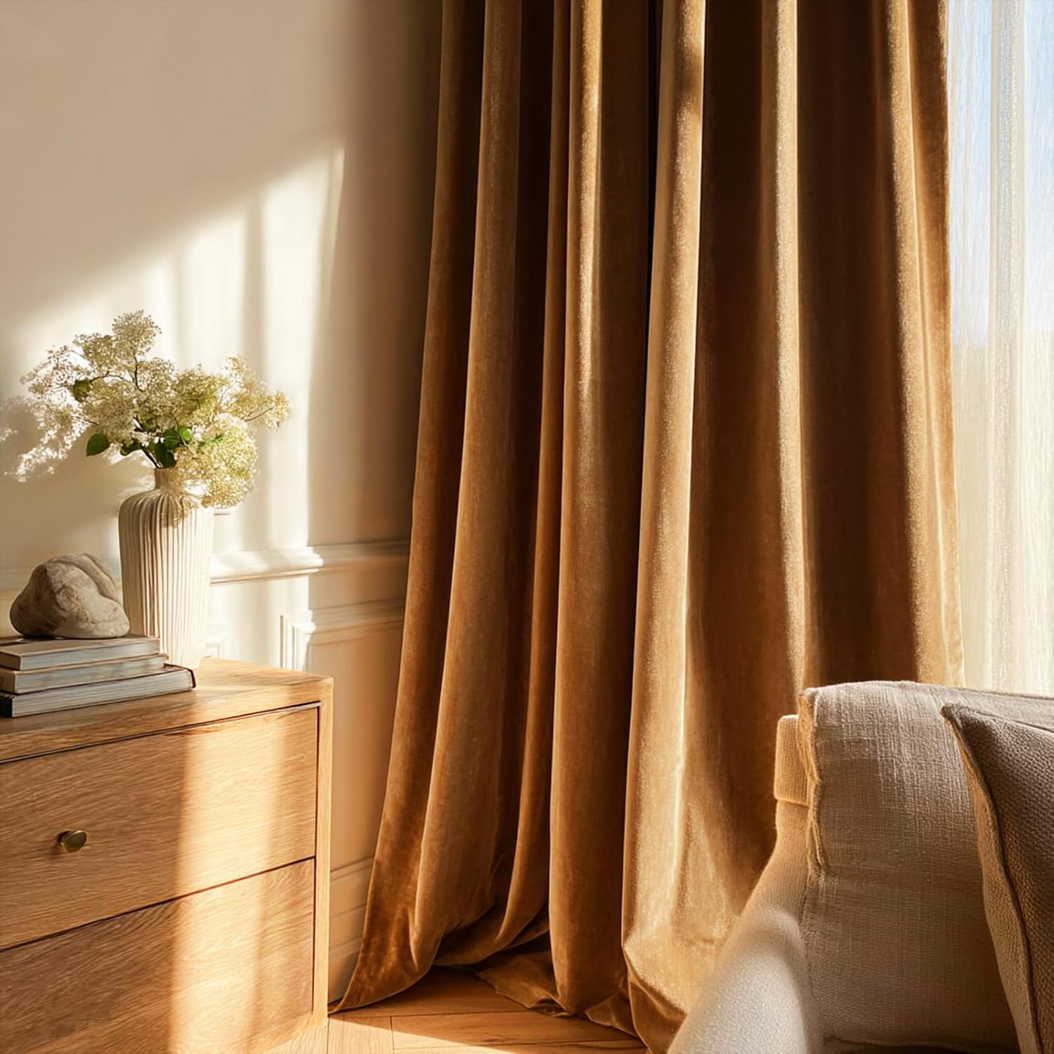 Drapenova 90 Inch Long Velvet Blackout Curtains for Living Room Bedroom Golden Brown Modern Decorative Pinch Pleated Drapes Copper S…