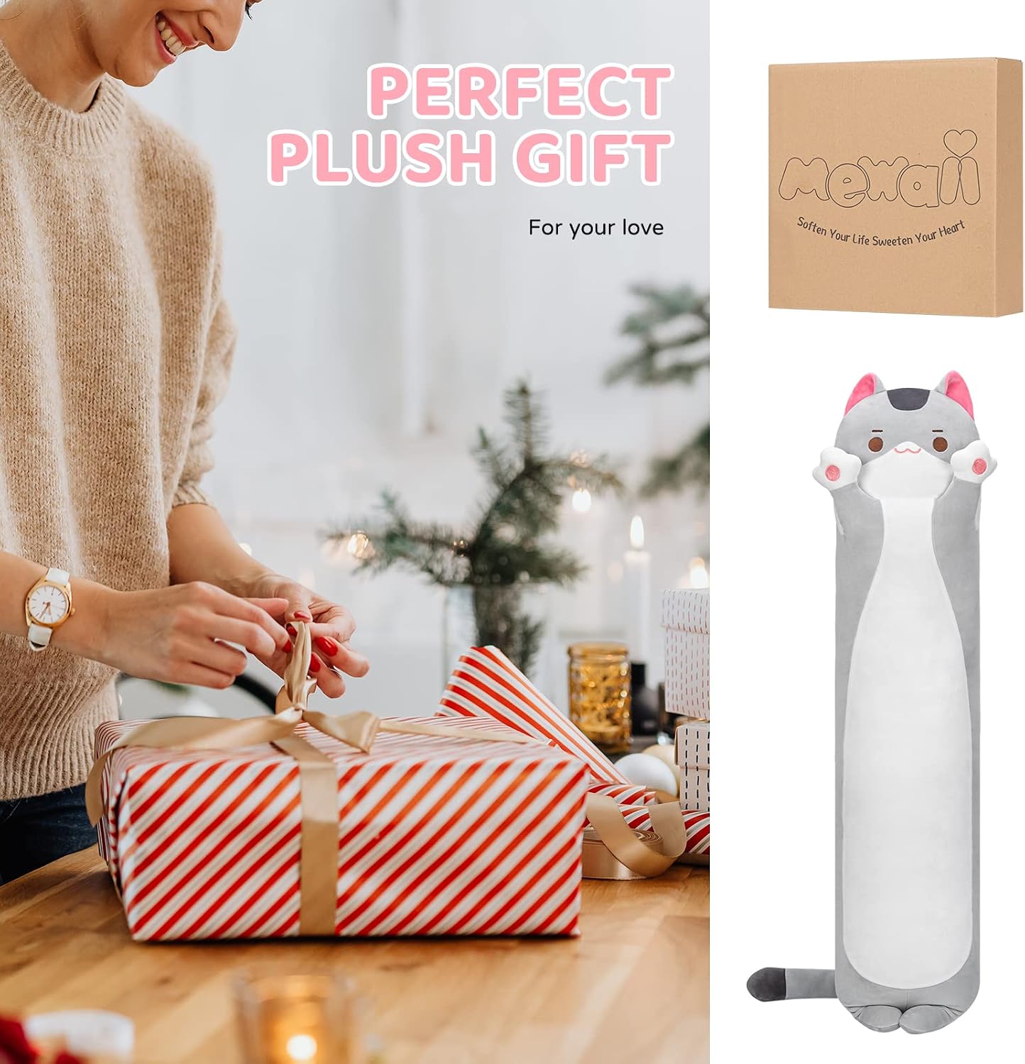 Mewaii Long Cat Plush Kids Body Pillow, 36 Inch Cute Gray Cat Stuffed Animals Soft Plushies, Kitten Kawaii Plush Throw Pillow Doll Toy…