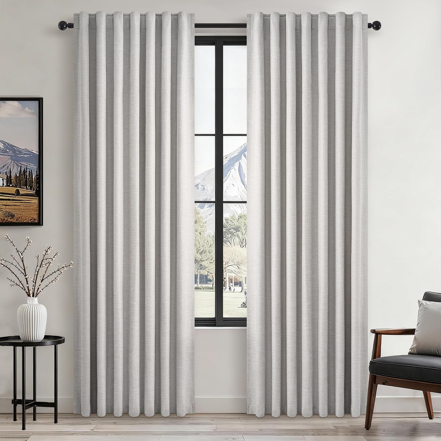 Topfinel 86 Inches Long Custom Blackout Linen Curtains Grey Beige Pinch Pleated Noise Cancelling Curtains with Pin Hooks for Traverse Burla…