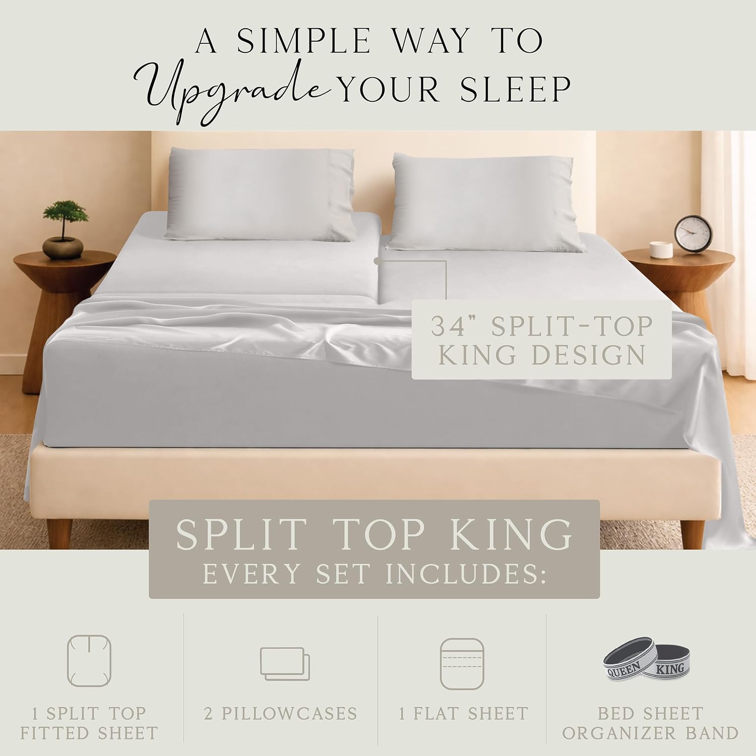 KARISSA MAE Pure Viscose from Bamboo 34" Split Top King Size Sheet Set | 100% FSC Certified | Luxuriously Soft | Cooling | 18" Deep…